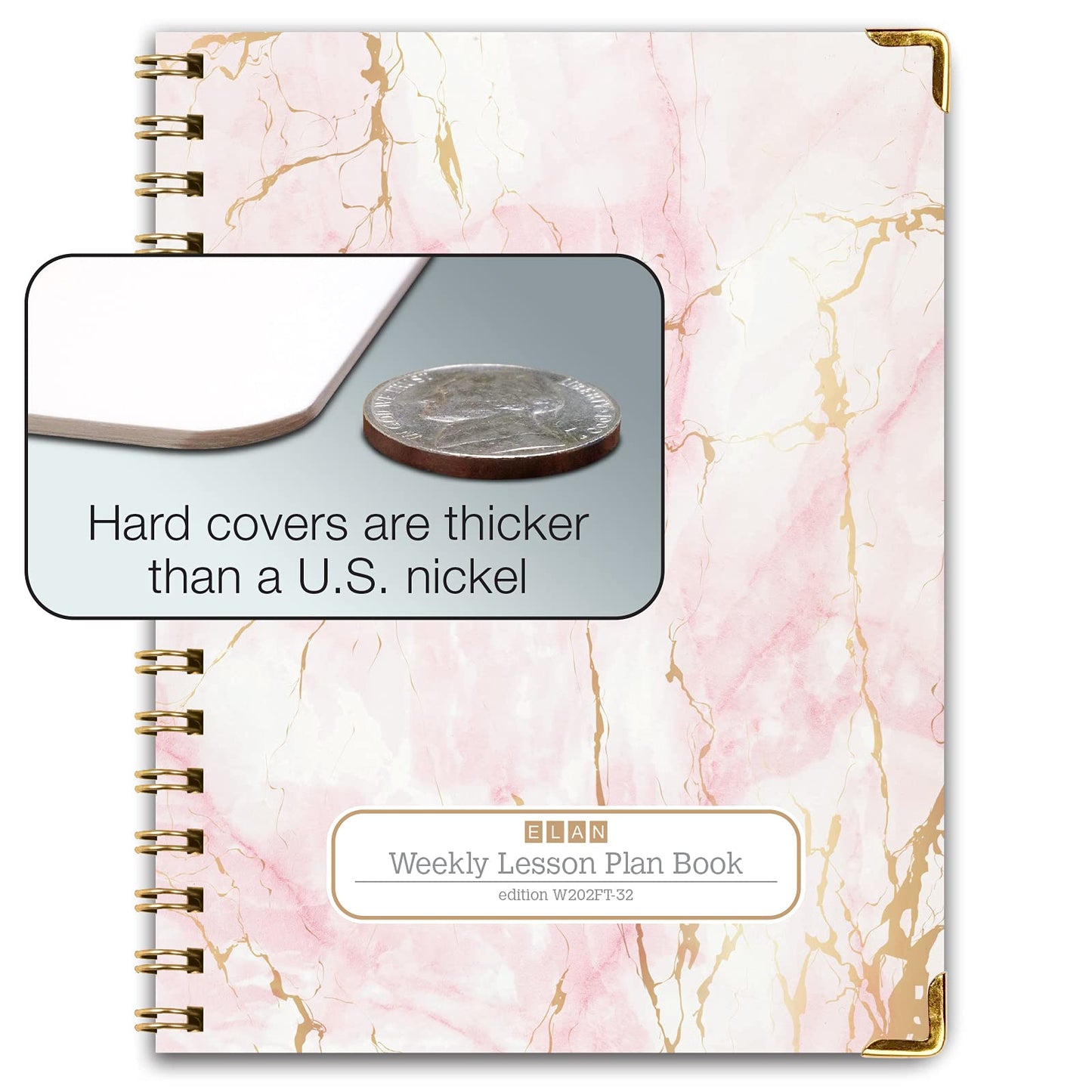Elan Publishing Company HARDCOVER 6 Period Teacher Lesson Plan - Days Vertically Down The Side with Bonus Clip-in Bookmark (Pink Marble)