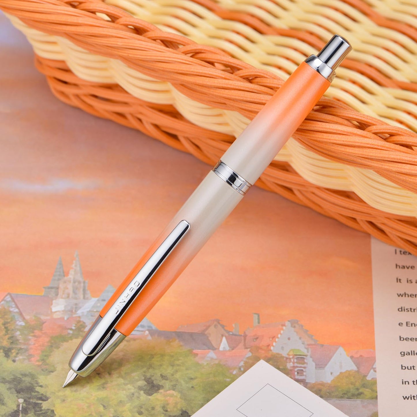 Jinhao 10 Press Fountain Pen with Box, Gradient Light Orange Retractable Extra Fine Nib with Ink Converter Set (Silver Clip)
