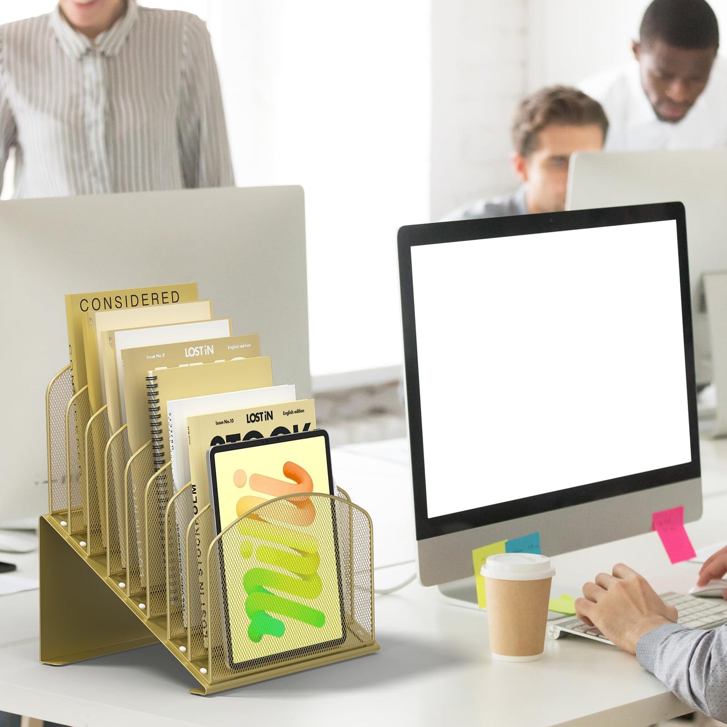 Inclined Desk File Organizer Metal Desk Magazine Folder Holder with 8-Section Vertical Compartments Rack File Organizer for Office, Home, School, Gold