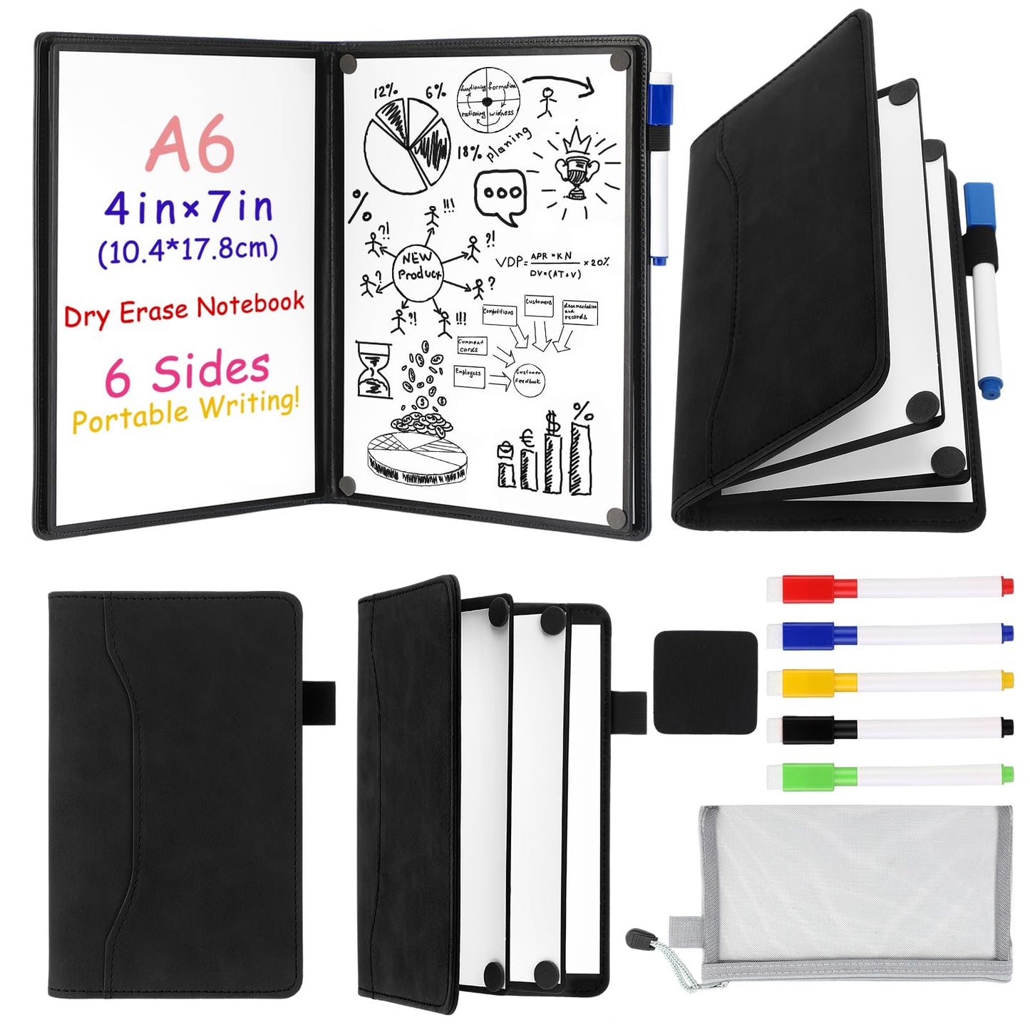 Feifeiya 6 Sides Dry Erase Notebook Portable White Board 5"x7"(a6) Mini Dry Erase White Board Notebook Foldable Anti-ghosting Surface for Office, School, Study, Travel & Business Meeting Planning