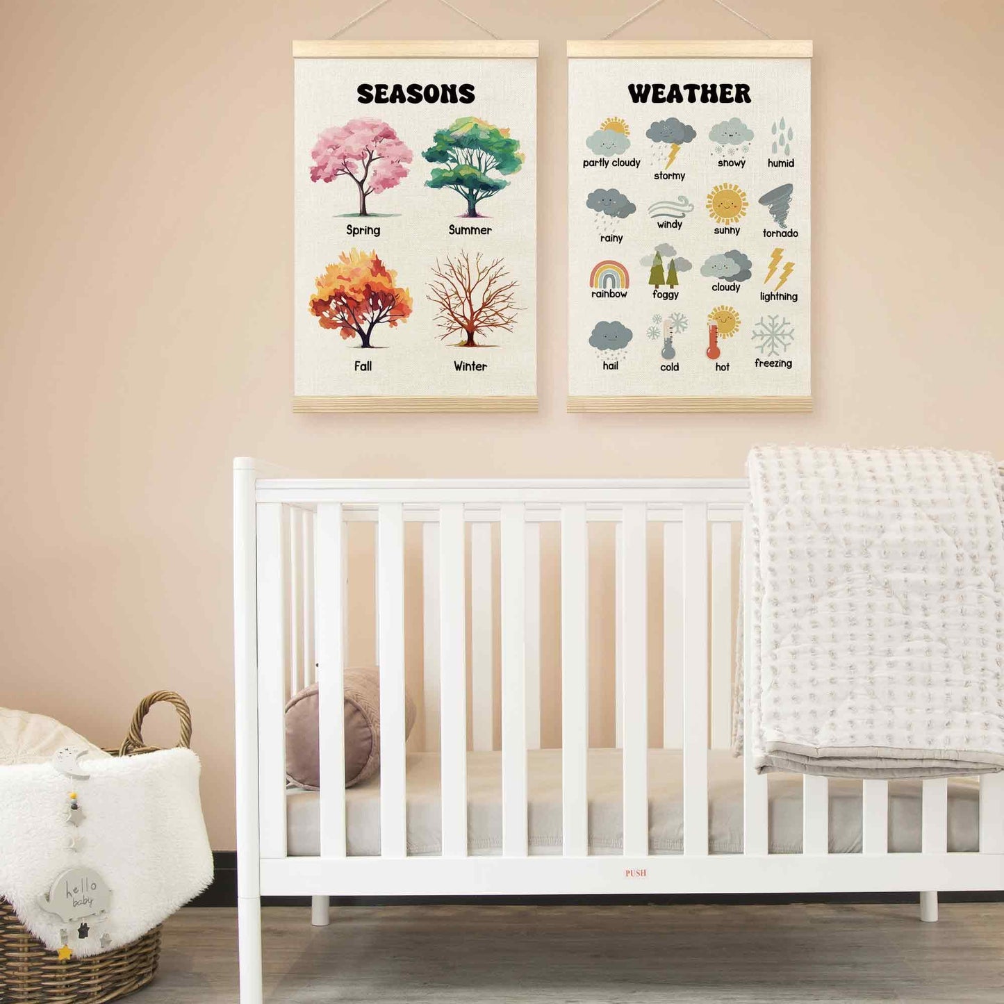 TLESKE 4 Seasons Weather Chart Poster Hanger Frame for Toddler Kid Classroom Set of 2, Homeschool Hanging Wall Art Decor for Nursery Playroom, Preschool Prek Learning Educational Poster, 16x24
