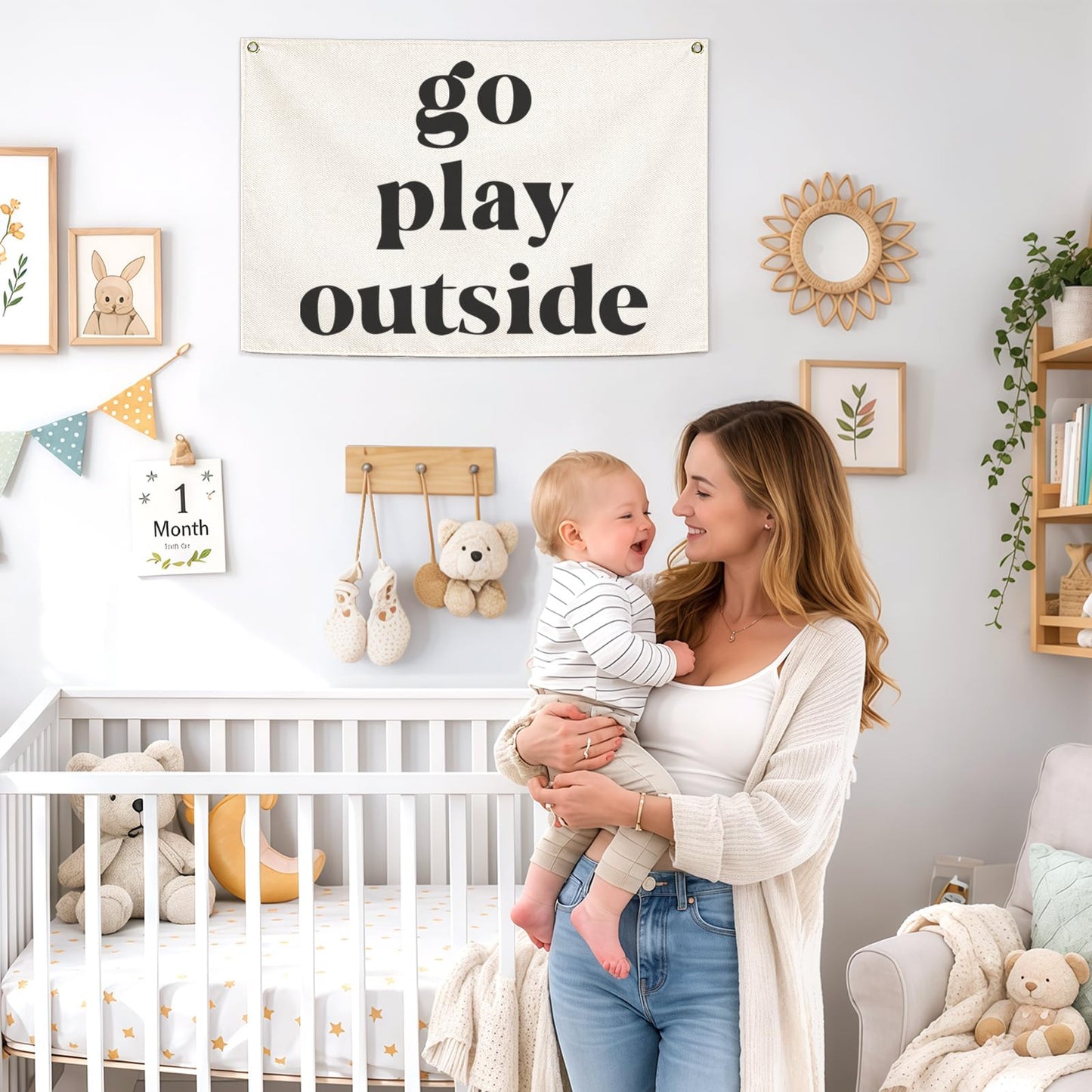 Nursery Rectangular Canvas Banner Wall-Hanging Flag Wall Art Decor for Baby Boy Girl,Kids Room Playroom Bedroom Game Room Kindergarten Decor,Birthday Christmas Gift-Go Play Outside-28.5"L×20"W