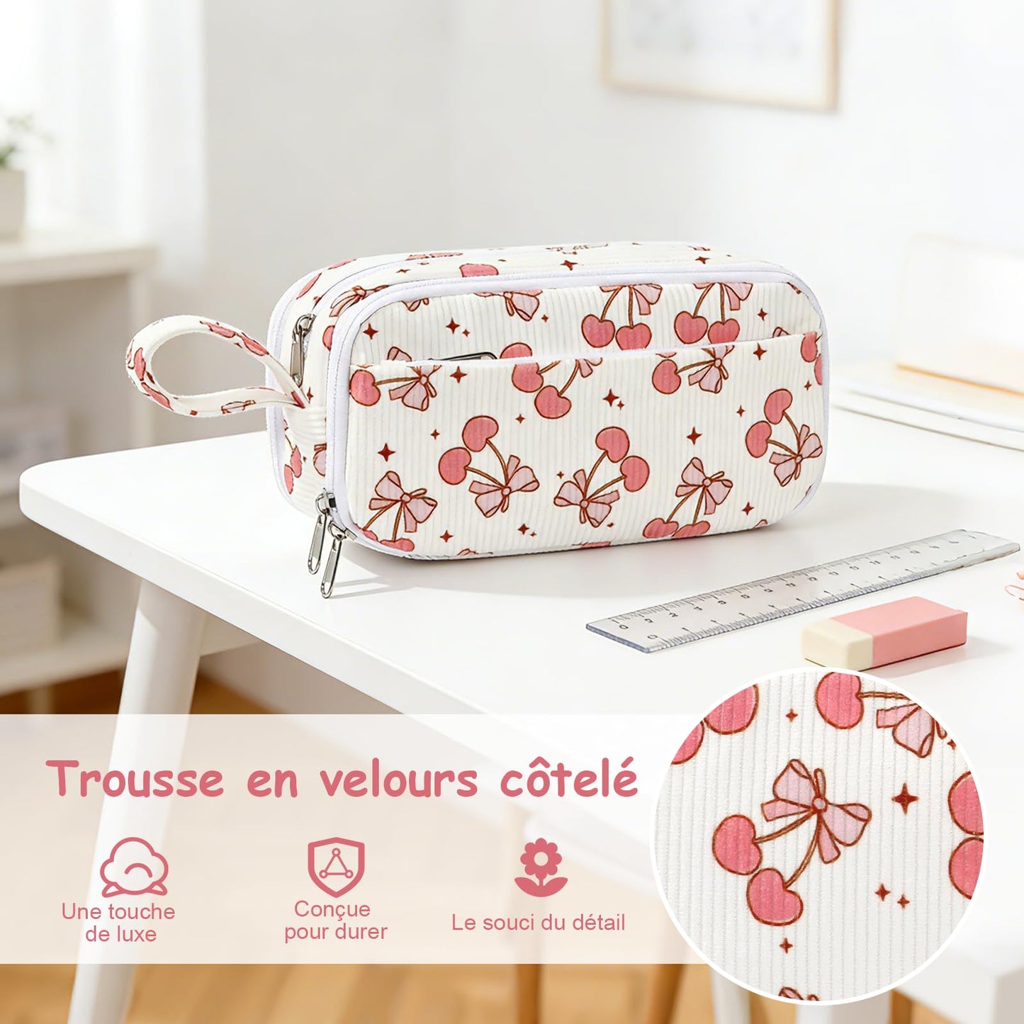 BuyCard Large Capacity Pencil Case, White With Pink Cherry Pattern, Corduroy Pencil Bag with Zipper Closure, Graduation Gift Office Stationery Storage Pen Pouch for Classroom Teacher