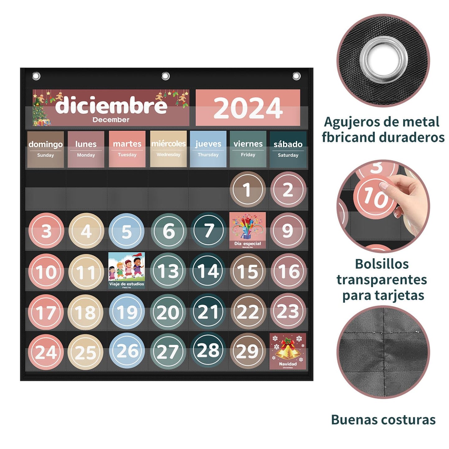 Monthly Calendar Pocket Chart for Classroom, Printed Days of The Week with Cards, Learning for Home or Kindergarten, Teacher Must Have Supplies That Fits Any School Décor (Spanish Black)