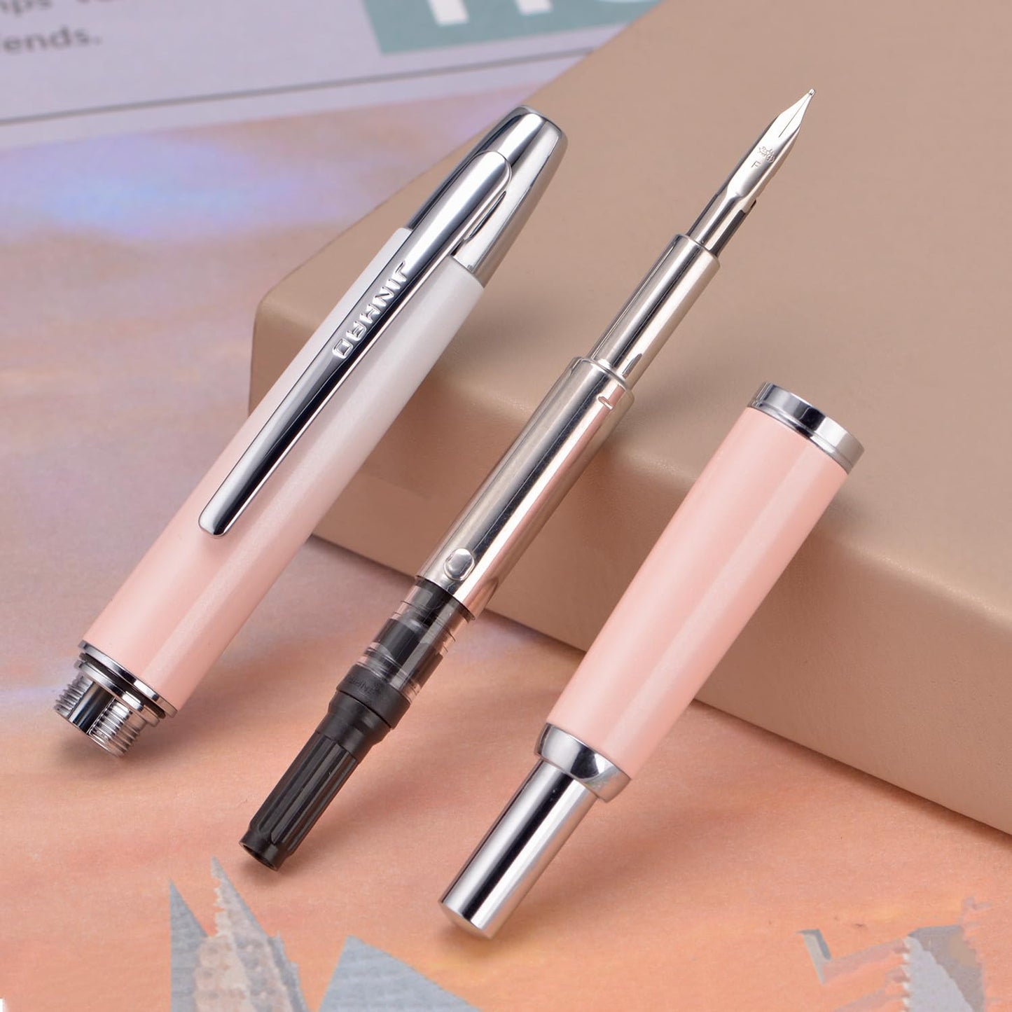 Jinhao 10 Press Fountain Pen with Box, Gradient Peach Pink Retractable Extra Fine Nib with Ink Converter Set (Silver Clip)