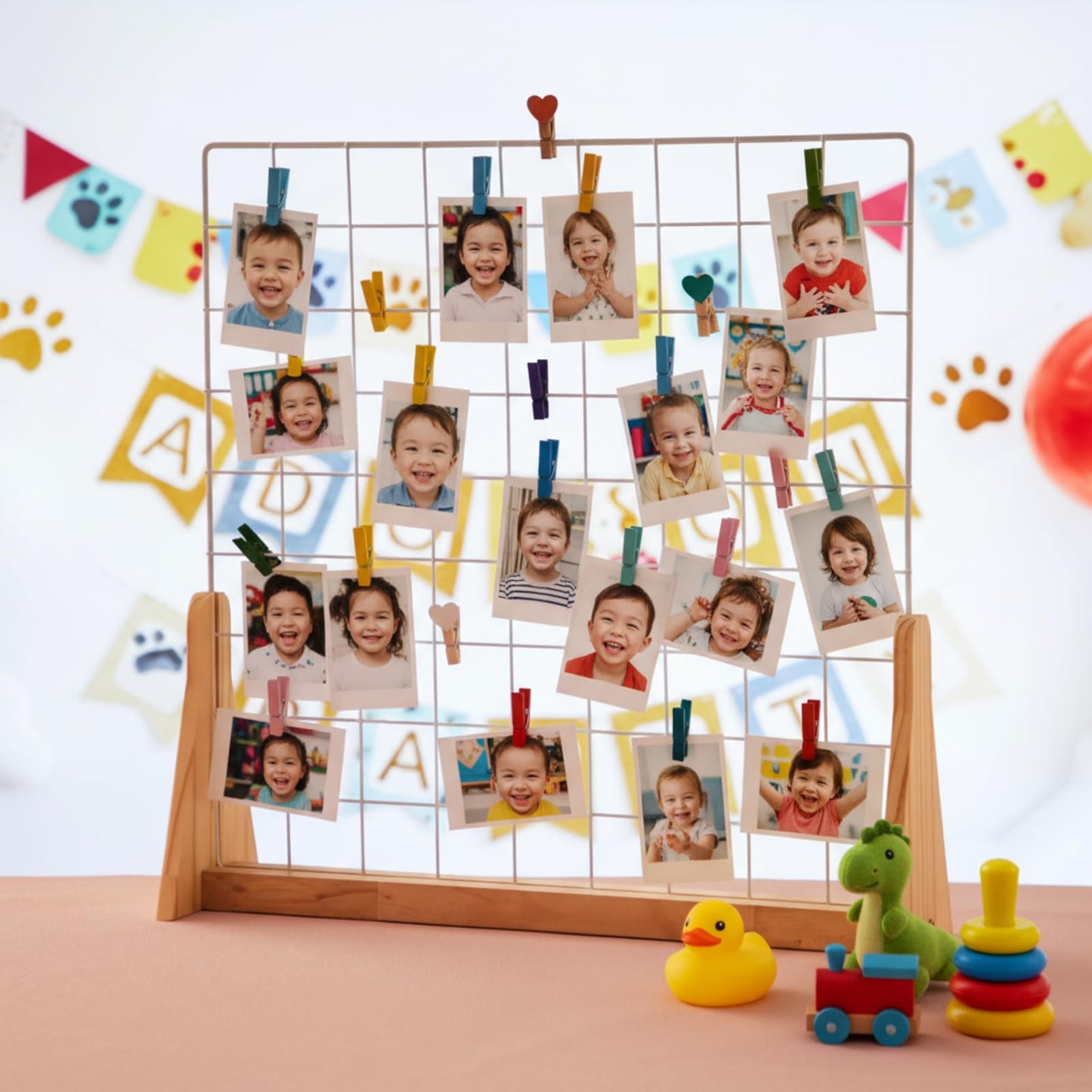 2 Sets Wedding Wall Grid Decorative Panel for Photo Display 19.3x18.5 Inch, Photo Display Panel, Wire Wall Grid, Desk Picture Manager, with 70 Wooden Clips for Shows Crafts Artistic Drawings Photos