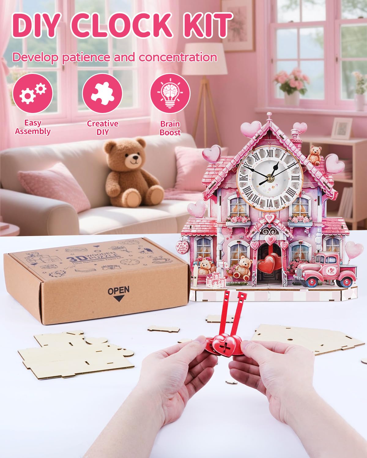 Rnfinewow 3D Wooden Puzzles for Adults, 3D Puzzle Sweetheart House Clock Kit (with Pendulum), 3D Puzzles for Adults Home Decor DIY Clock Puzzle Gifts for Women Men