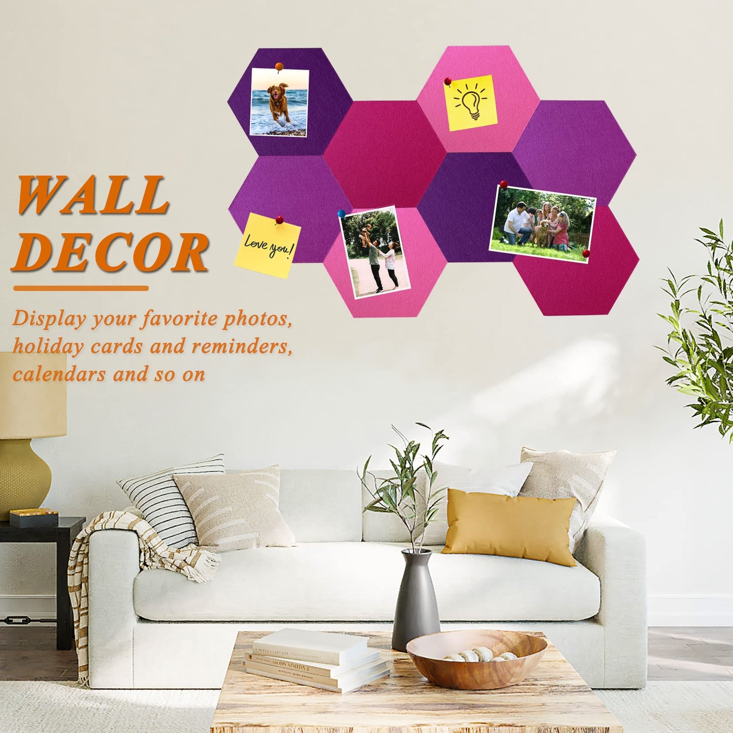 HULAVO 8Pcs Hexagon Felt Cork Board Tiles, Self Adhesive DIY Bulletin Board Pin Board for Office School Home Wall Decor Stickers Memos Photos Display (Gradual Purple)