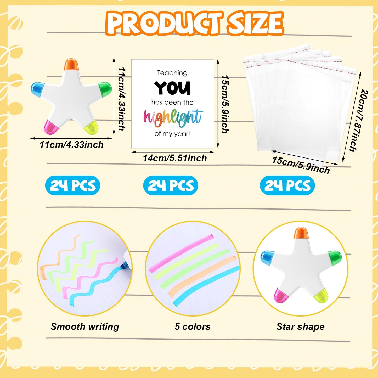 Resurhang 24 Set Back to School Gift for Student 5-in-1 Star Multicolor Highlighters with Encouragement Card Clear Gift Bag Star Pen Bulk for First Day of School Party Favor Classroom Testing Rewards