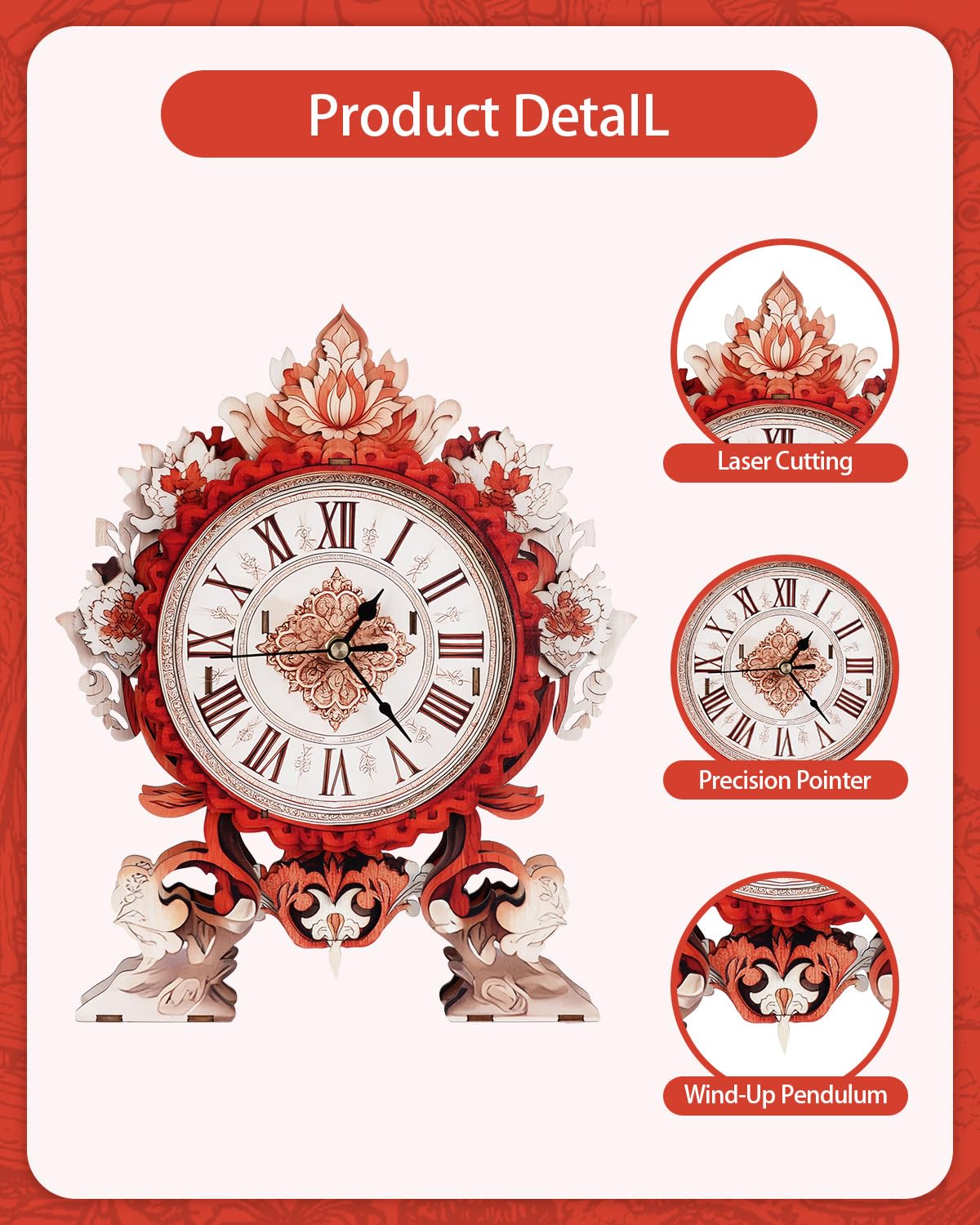 Rnfinewow 3D Wooden Puzzles for Adults, 3D Puzzles Flame Flower Clock Kit (with Pendulum), Wooden Puzzle for Adults Teens Home Wall Decor Clock Christmas Day Puzzle Gifts for Adults