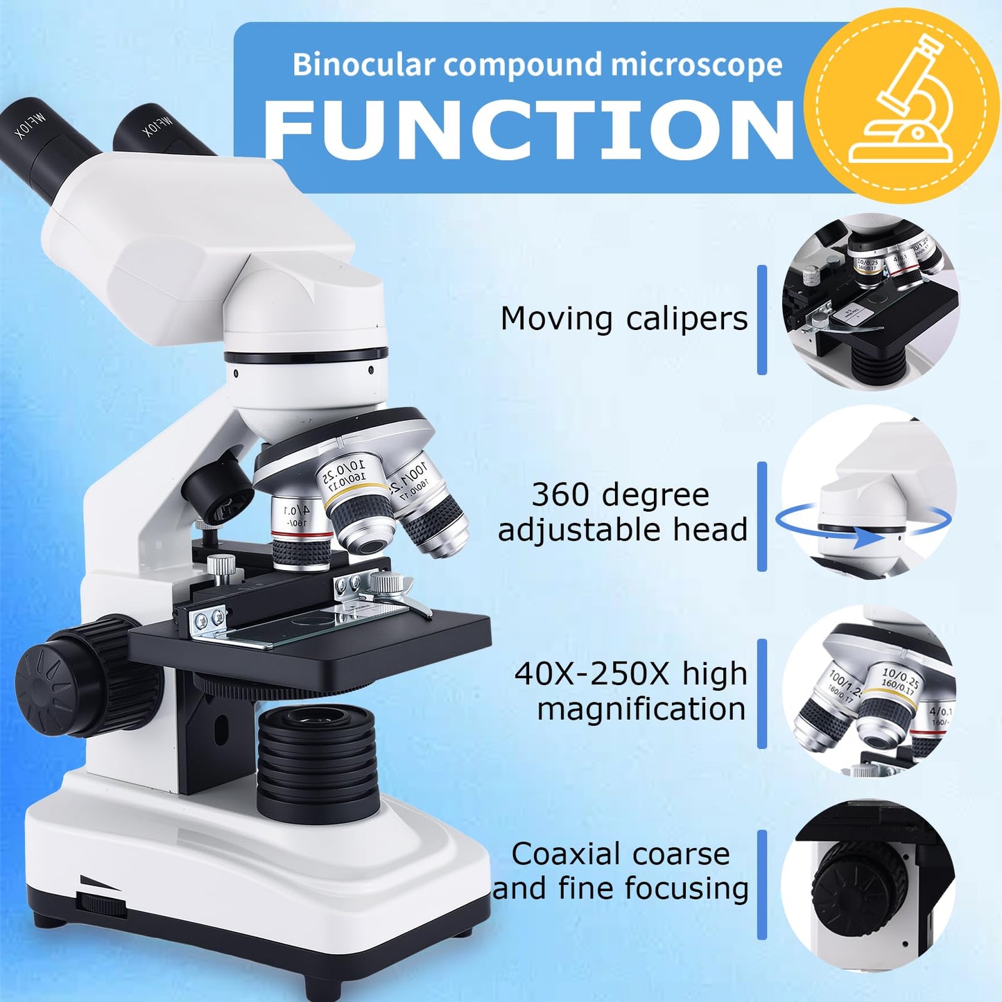 Binocular Microscope Magnification 40X-2500X, WF10x/25x Eyepieces, Dual LED Illumination, Suitable for Schools Home Labs Educational Adult Microscope