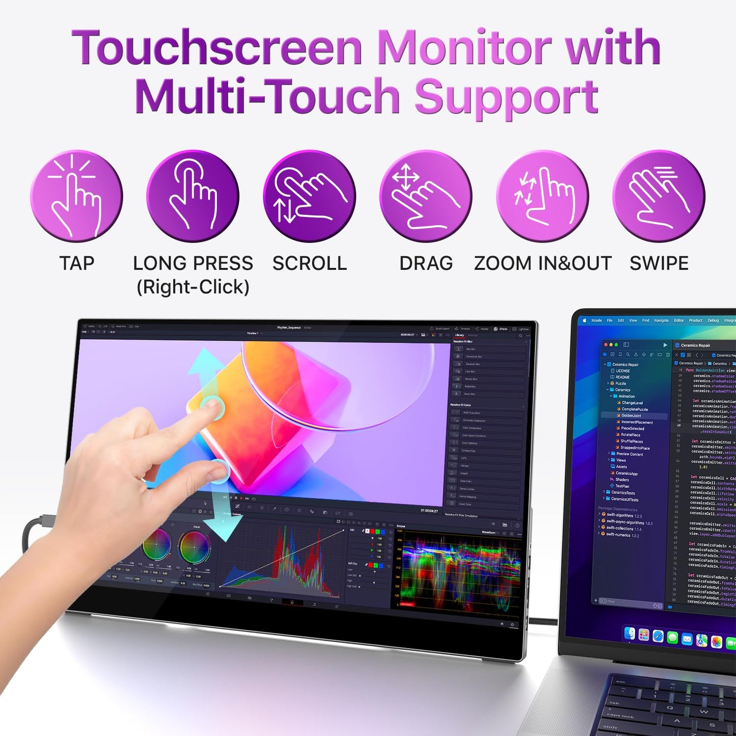 cocopar Portable Monitor Touchscreen 15.6 Inch 1080P FHD 90% sRGB Travel Monitor with Speaker HDMI USB-C Second Screen for Laptop MacBook Surface PC Xbox PS4/5, VESA Mountable, with Touchscreen