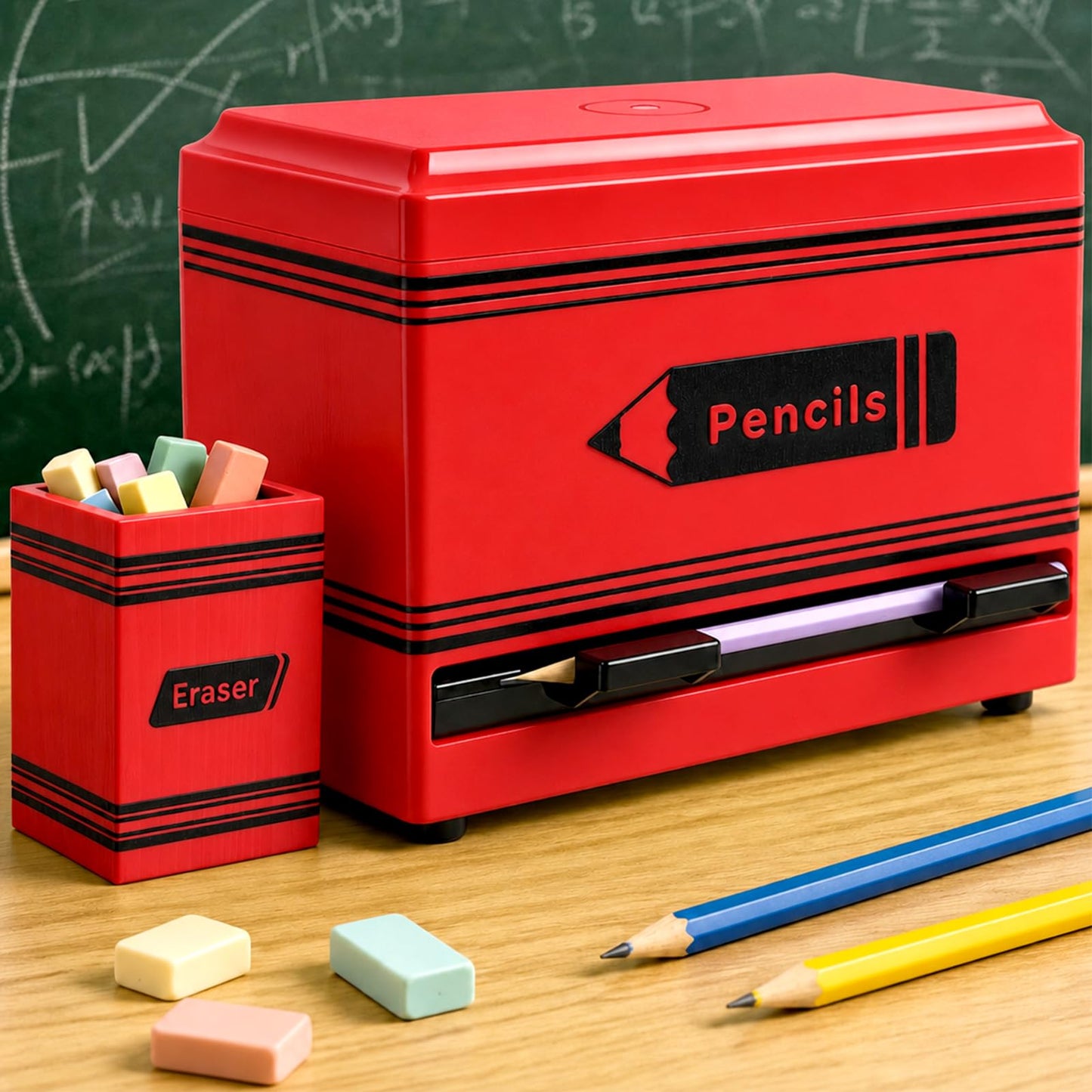 Gueevin 2pcs Pencil Dispenser for Classroom, Fun Desk Organizer with Eraser Holder, Interactive Pencil Storage for Teachers, Students & Homeschool Desk Organizer, Back to School Supplies(Red)