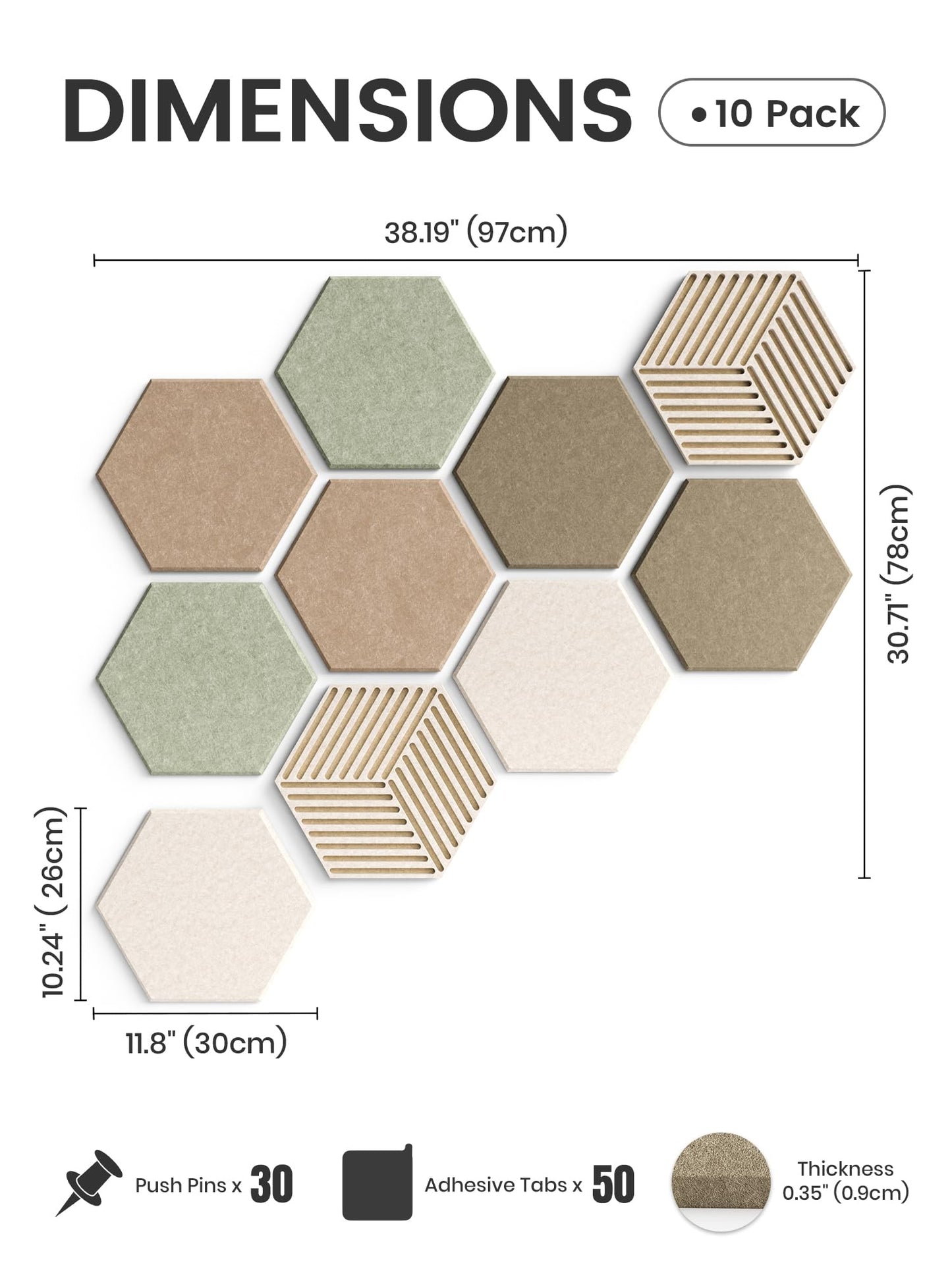 Fluxynara Hexagon Cork Board Alternative for Walls Decor-10-Pack Felt Bulletin Board Tiles,with 30 Pushpins,50 Adhesive Tabs for Office,Classrooms & Home Pin Board Felt Board-Linen Dusk