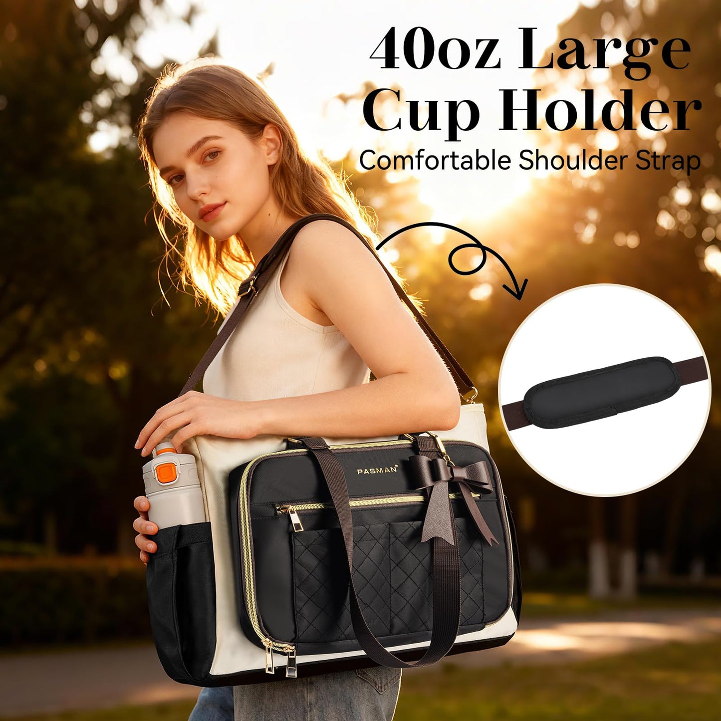Teacher Tote Bag for Women,Multi-Pocket Laptop & Nurse Work Bag with Cup Holder,Structured Business Briefcase Computer Purse