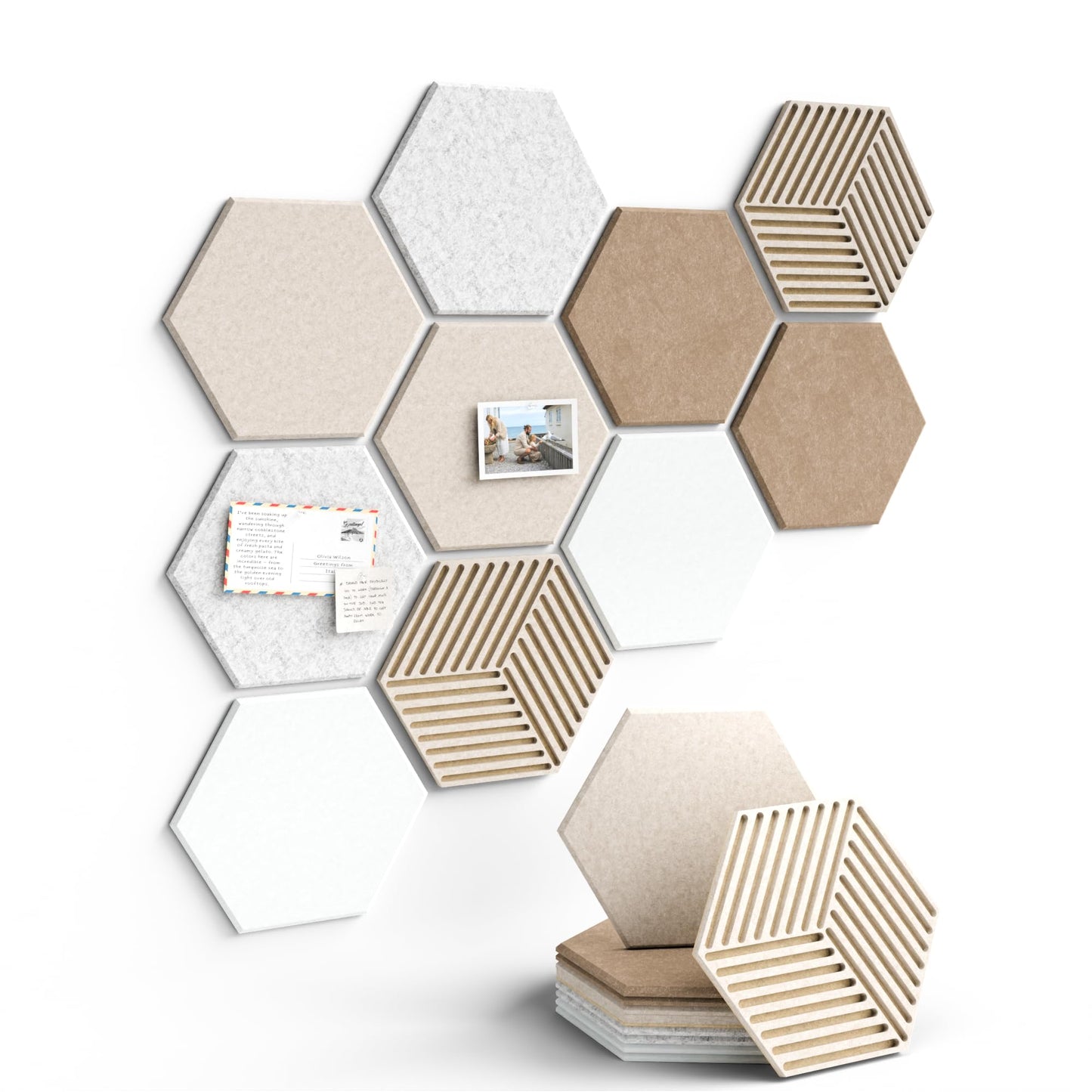 Fluxynara Hexagon Cork Board Alternative for Walls Decor-10-Pack Felt Bulletin Board Tiles,with 30 Pushpins,50 Adhesive Tabs for Office,Classrooms & Home Pin Board Felt Board-Stone Beige