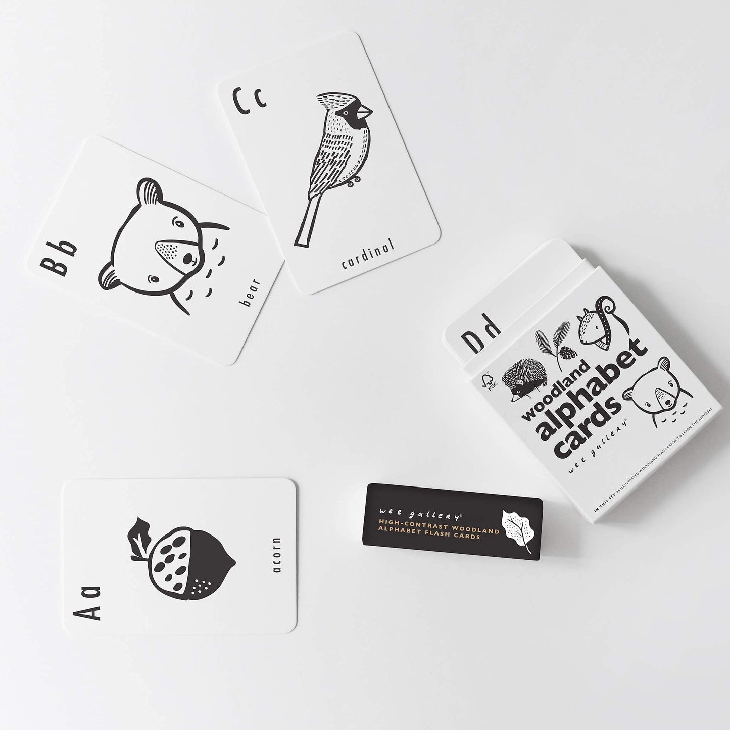 Wee Gallery Educational Flashcards for Babies, Double Sided Black and White Learning Flash cards, Woodland Animal Alphabet Cards for Visual Stimulation and Cognitive Development of Toddlers