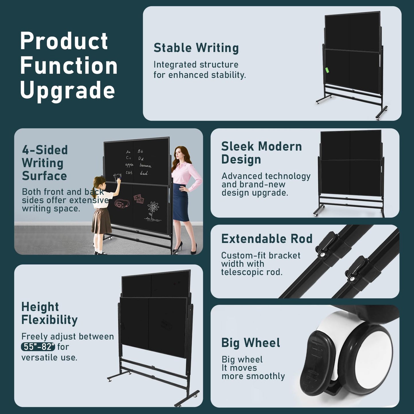 72x60 Inch Large Rolling Chalkboard | Height Adjustable Double-Sided Magnetic Blackboard on Wheels | for Classroom, Home & Office Use