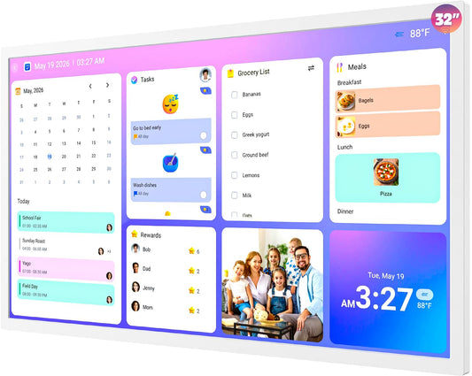 32" Digital Calendar Chore-Chart for-Wall-Planner - Interactive Touchscreen Display Electronic Calendar Picture Frame, Star Reward, Sync Google iCloud Outlook Calendar, Gifts for Mom, Wall Mount White