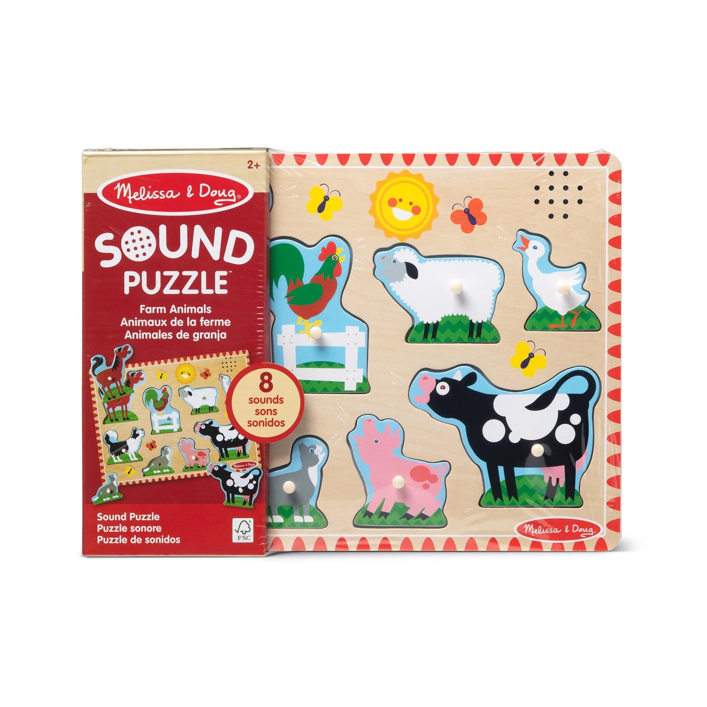 Melissa & Doug Farm Animals Sound Puzzle – 8-Piece Wooden Peg Puzzle with Light-Activated Sounds, Music Learning Toy for Toddlers and Preschoolers Ages 2+