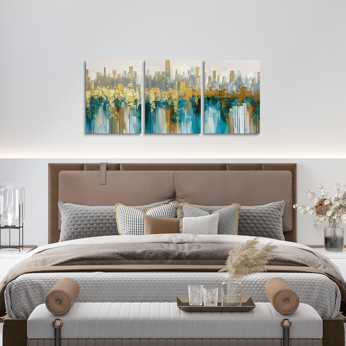 Teal Abstract Canvas Wall Art Set of 3 for Bedroom Living Room, Modern Golden Textured Paintings Wall Decor Turquoise Ombre Artwork Wall Art Blue Green Marble Print Poster Prints