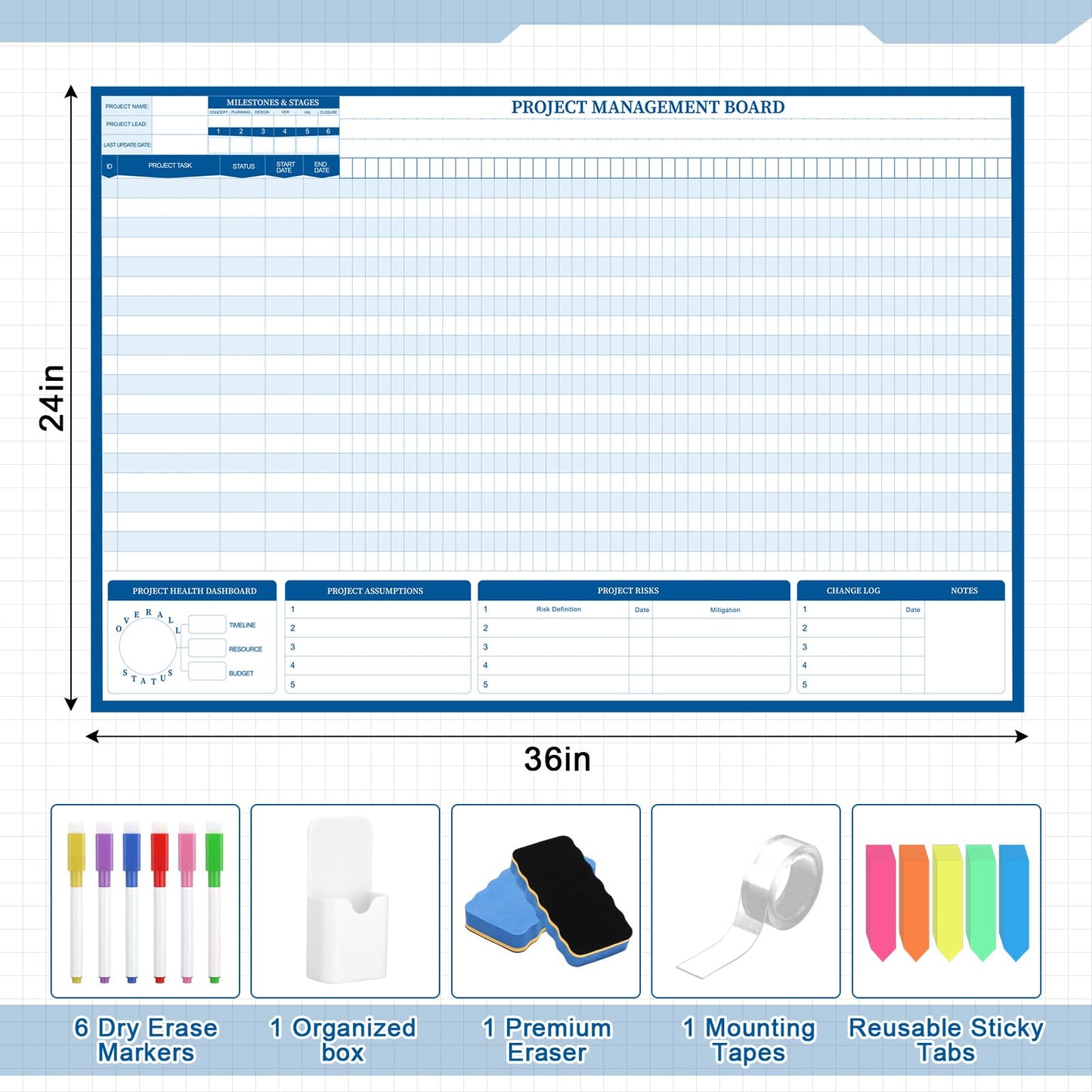 Lincia Large Magnetic Gantt Chart Whiteboard Kit 24" x 36" Reusable Visualize Timelines, Risks & Critical Path Ultimate Management White Board for Project Management Managers
