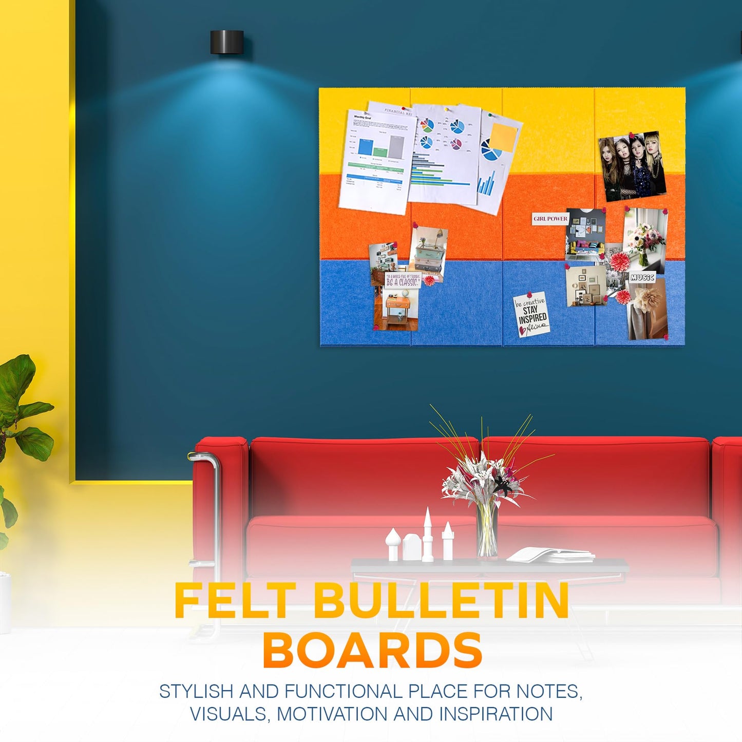 Bulletin Board 40x30in, 12 Count 9.8 x 9.8in Felt Wall Tiles with Removable Adhesive Tape, Cork Board Alternative for Walls, Wall Decor, Kids Art Display, Kids Room (Primary Collection)