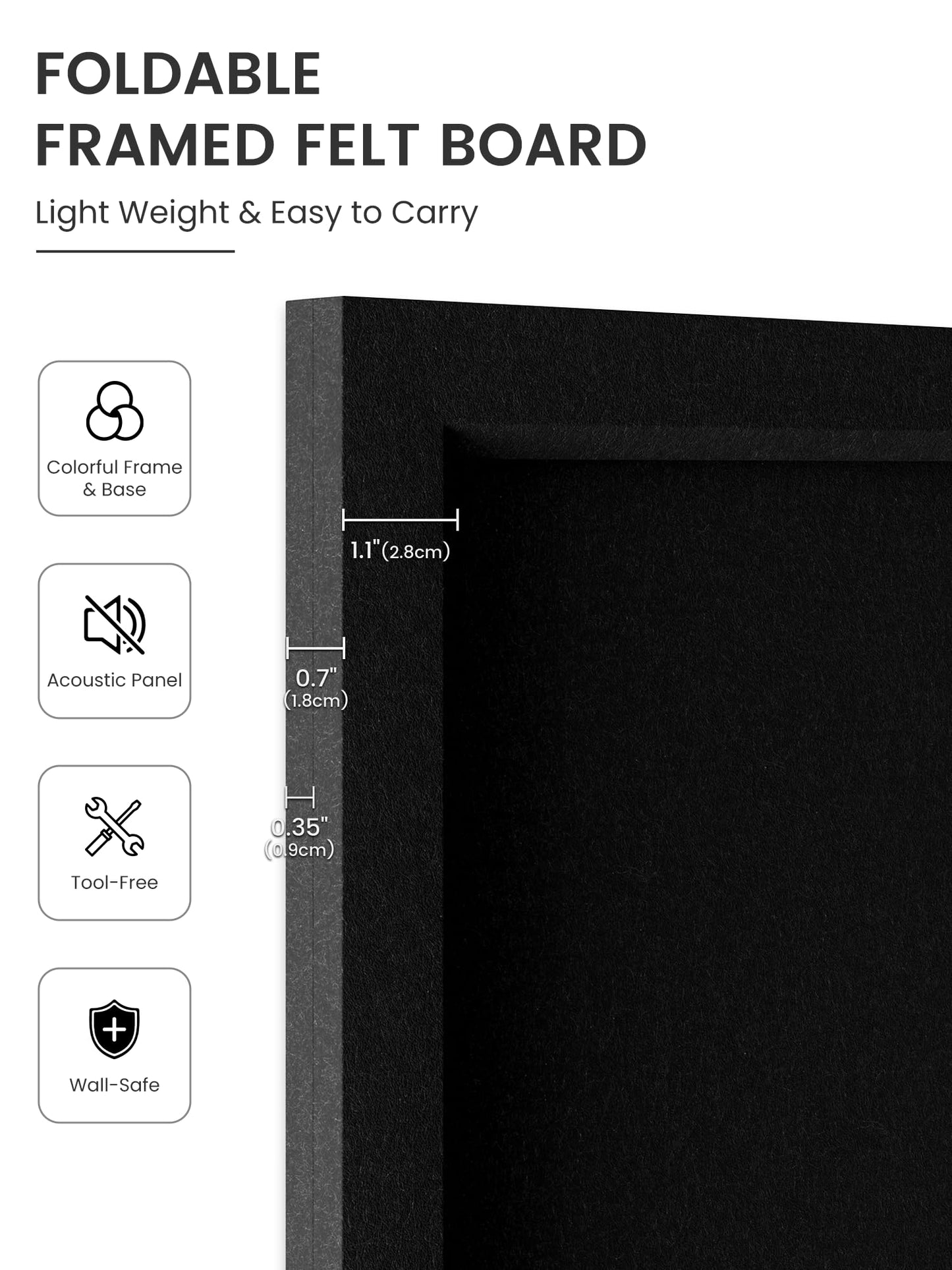Fluxynara Foldable Cork Board Alternative, Felt Bulletin Board 35.4" x 23.6" Black Frame with 24 Adhesive Tabs, Pin Board for Home Office, Classroom, Entryway, Kitchen Wall Decor—Black