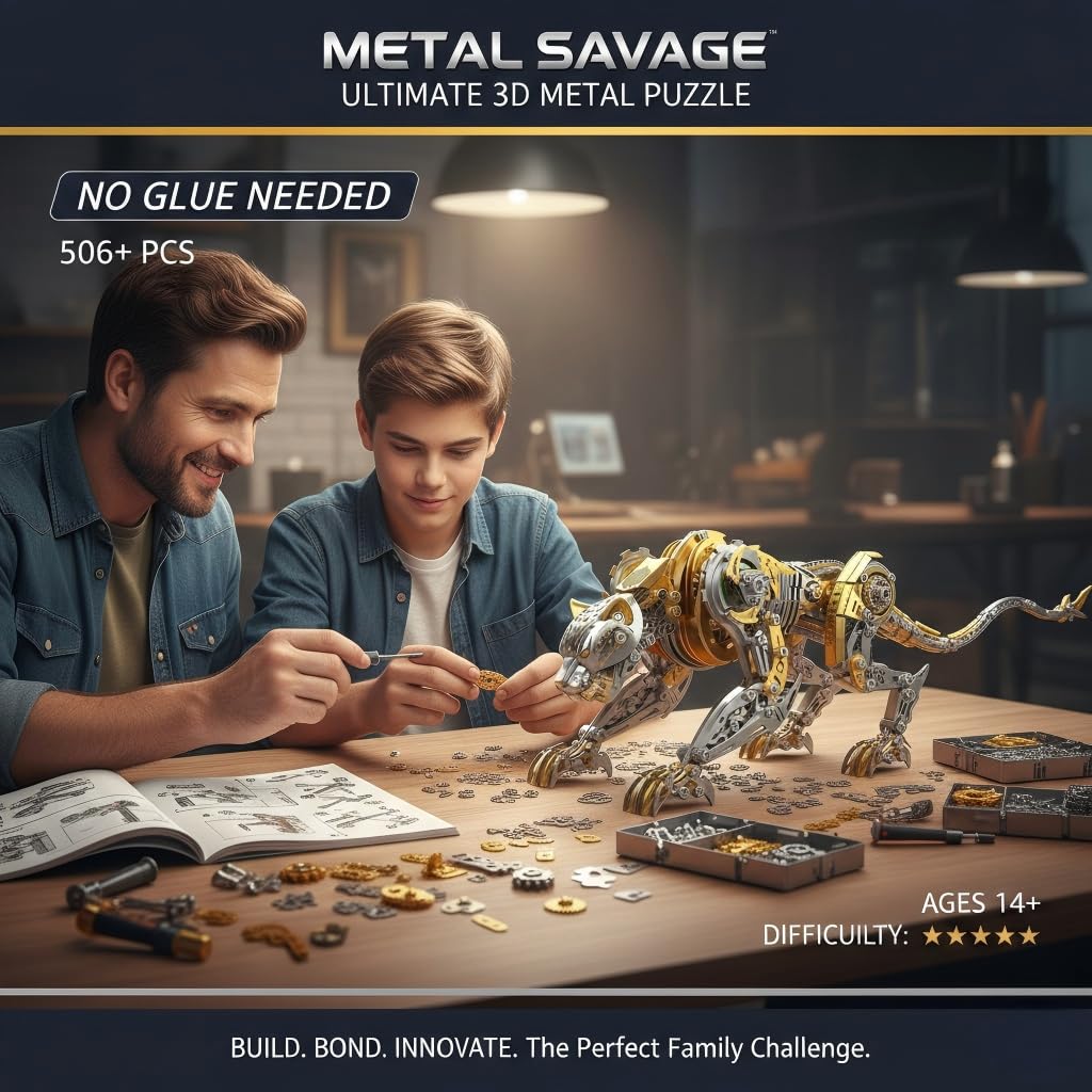 Leopard 3D Metal Puzzles for Adults, 506PCS Stainless Steel DIY Mechanical Metal Model Kits, No Glue Assembly with Movable Joints, Challenging Metal Building Kit Desk Decor Gift(Gold-Leopard)
