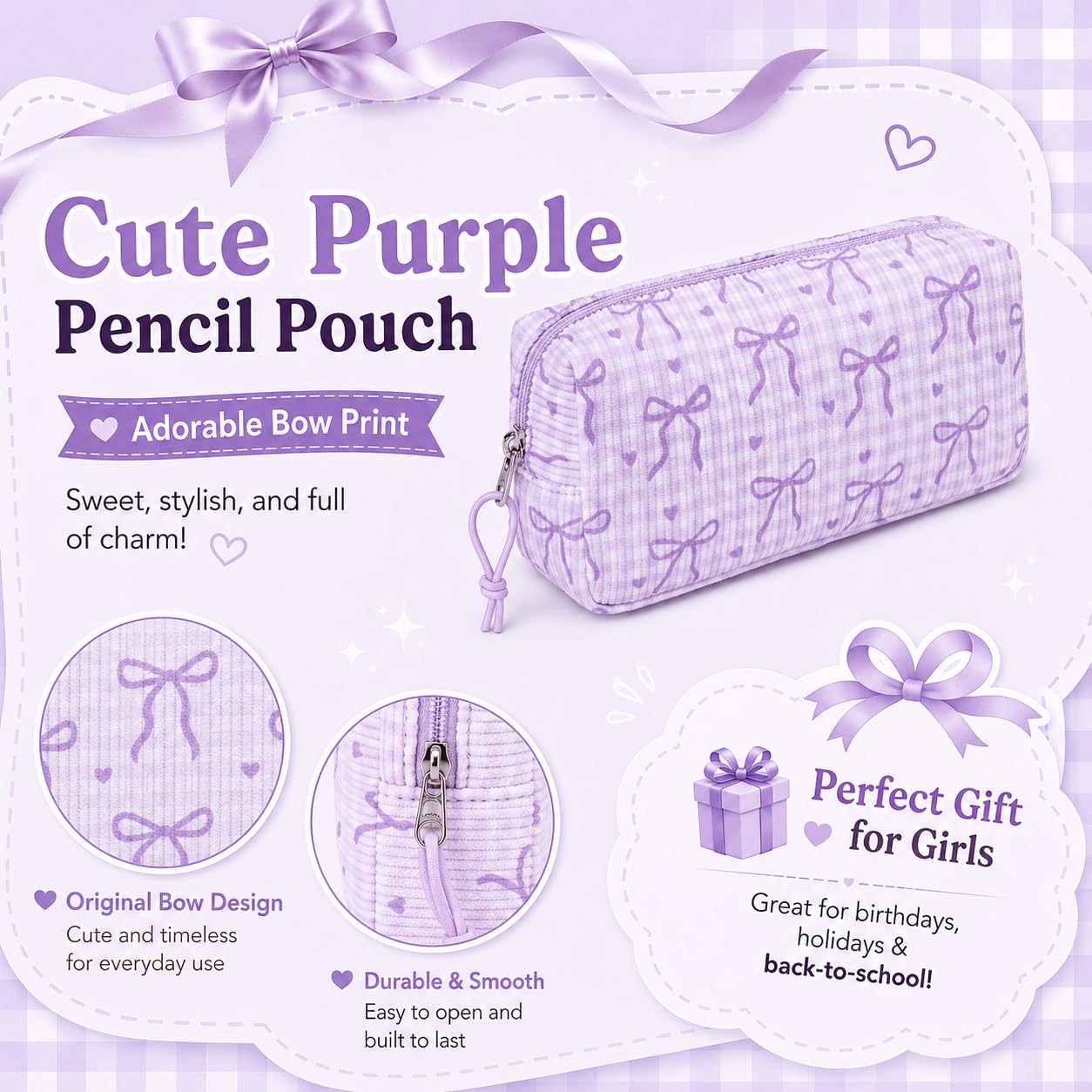 LEDAOU Cute Pencil Case for Kids Girls Boys Pencil Pouch kawaii Pen Pencil Box Bag Holder for School Students (Corduroy -Bow Purple)