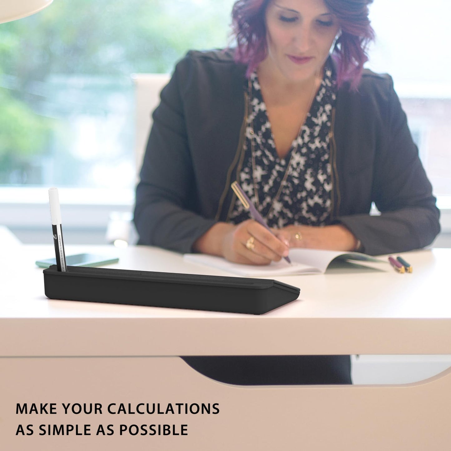 TOWON Desktop Glass Whiteboard with Basic Calculator, 12 Digit LCD Display, Desk Organizers with Accessories for Office, Home, School Supplies, Storage with Dry Erase Board Surface, Black, 17'' x 6''