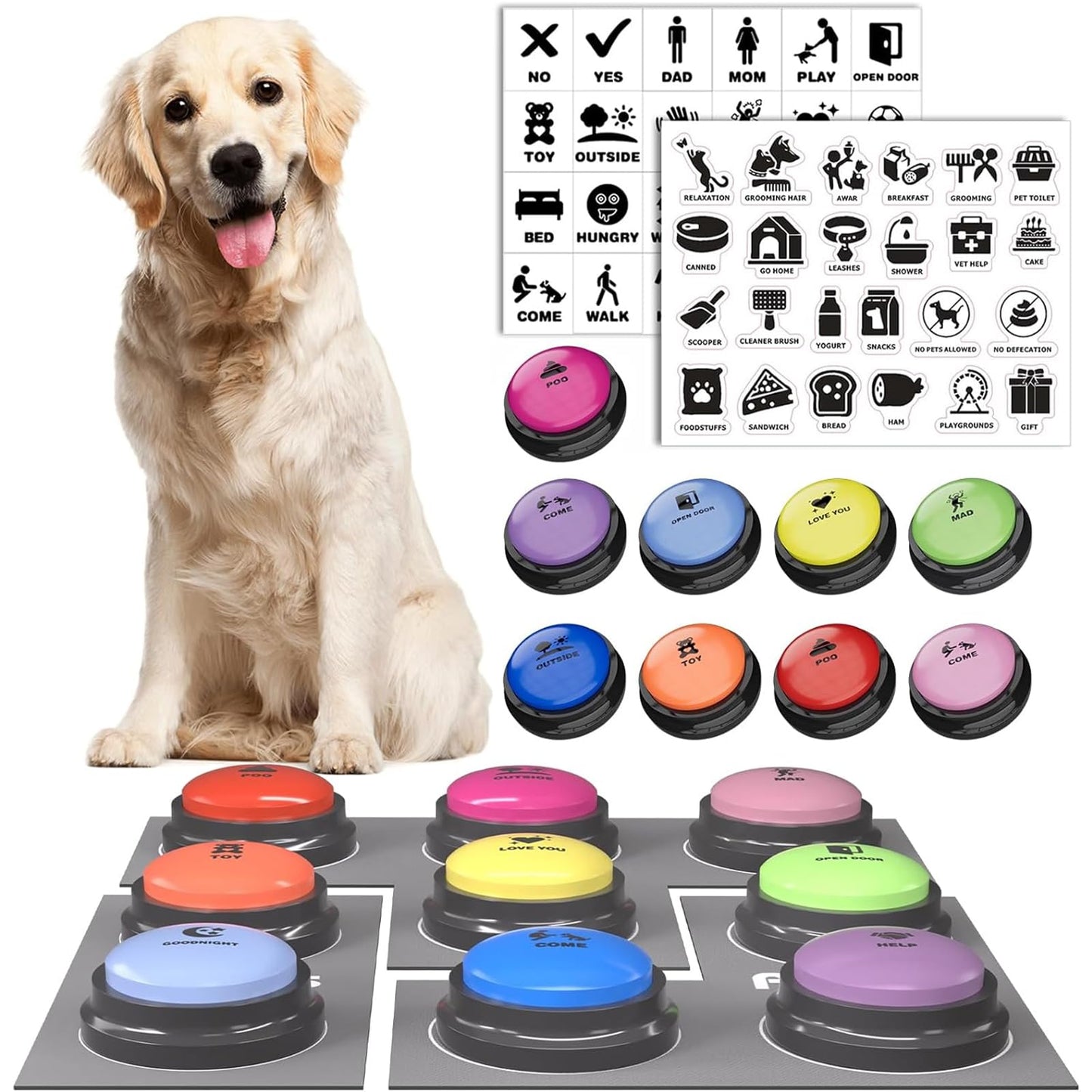 Dog Buttons for Communication, 9 Pcs Dog Talking Button Set, 30s Voice Recording Pet Buzzer Training Buttons, Speaking Button for Dogs with Waterproof Anti-Slip Dog Button Mat and 48 Scene Stickers
