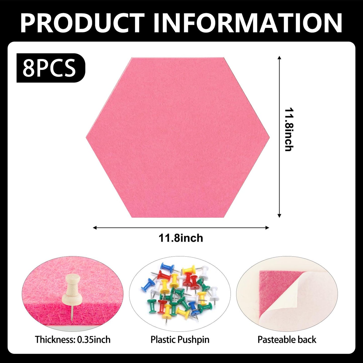 8 Packs Pink Hexagon Felt Pin Board, 12" Bulletin Board with 30 Push Pins, Felt Board for Home Kitchen Office Decor, Self-Adhesive Corkboard Tiles for Walls Classroom Message Photos Memos Display