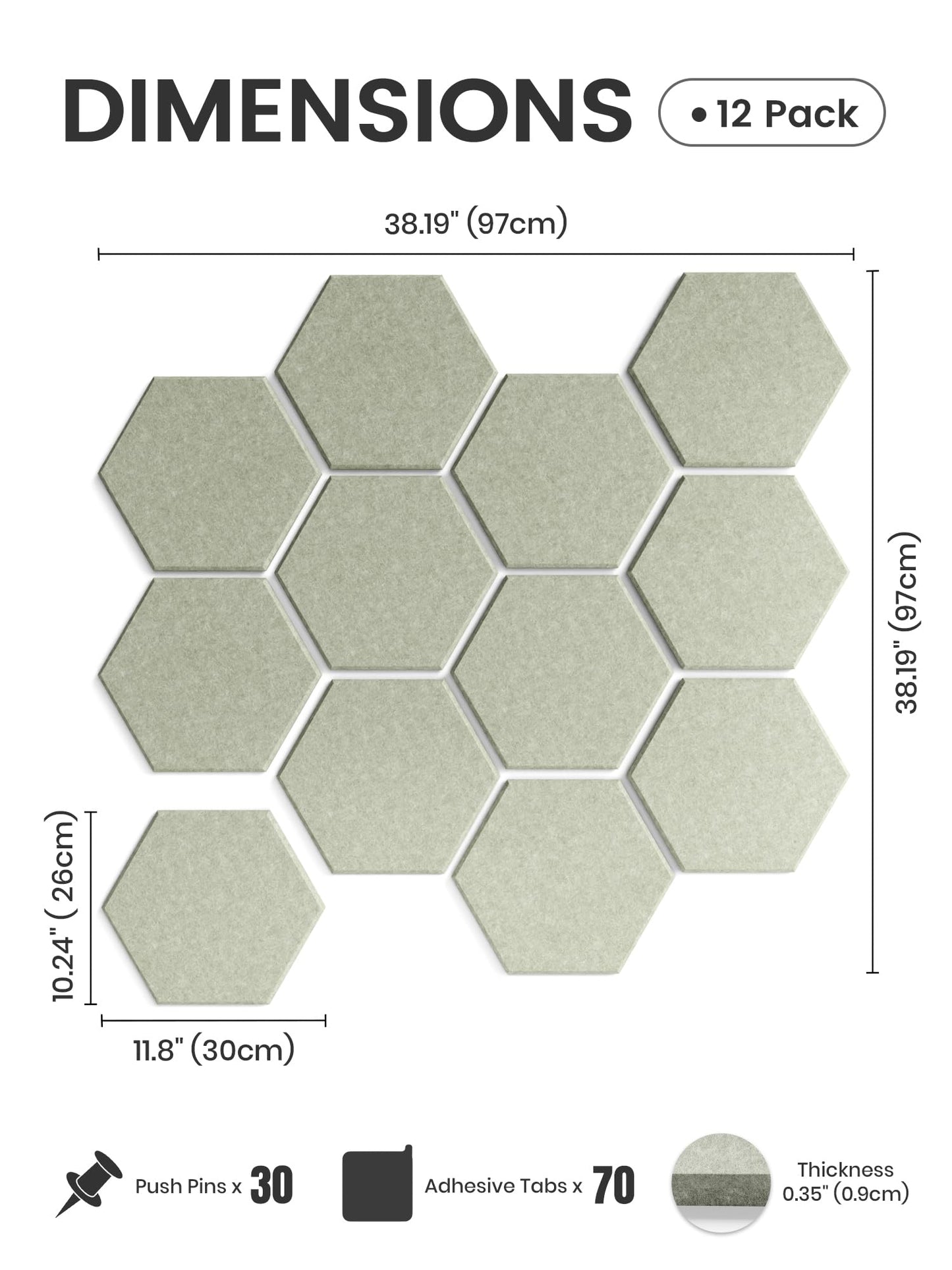 Fluxynara Hexagon Cork Board Alternative for Walls Decor-12-Pack Felt Bulletin Board Tiles,with 30 Pushpins,70 Adhesive Tabs for Office,Classrooms & Home Pin Board Felt Board-Sage