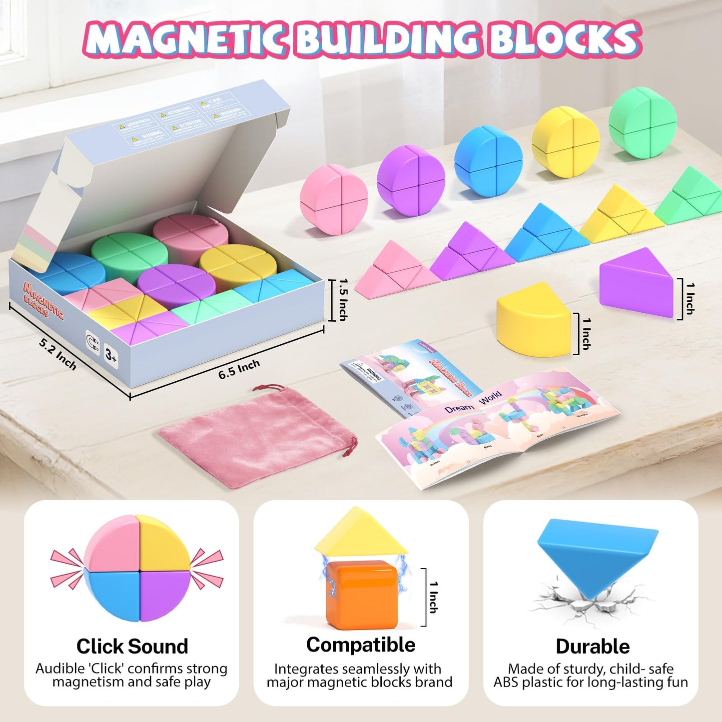 Hiwawind 40Pcs Magnetic Blocks, 1-Inch Pastel Rainbow Magnetic Cubes (Triangles & Quarter Circles), Montessori Sensory Autism Toys for Boys & Girls, Ideal for Kids Ages 3+
