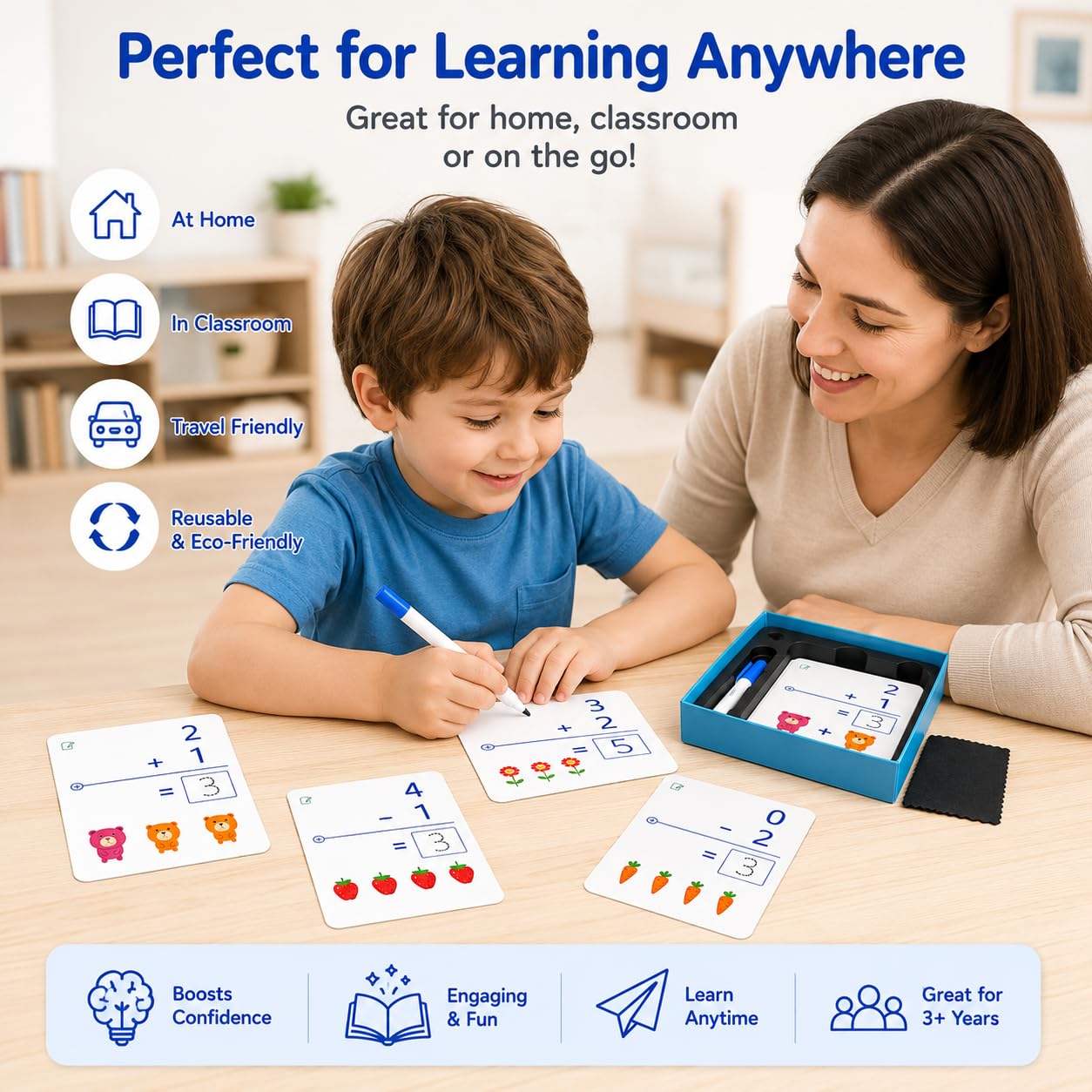 Write & Wipe Activity Cards for Kids, Reusable Tracing Flash Cards, Preschool Handwriting Practice Set, Letter Number Math Learning Activities Ages 3-6 (Addition and Subtraction)