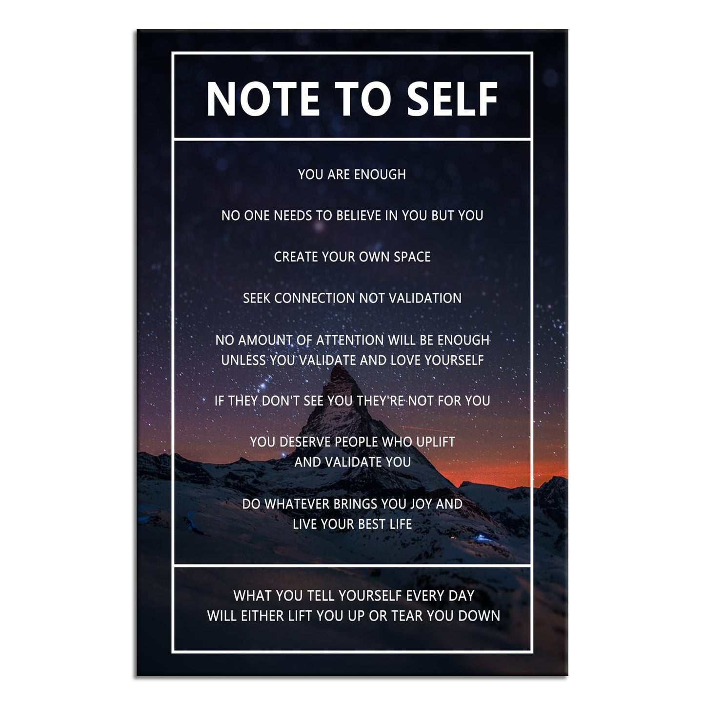Motivational Canvas Wall Art Note to Self Inspirational Snow Mountain Starry Sky Poster Inspiring Canvas Painting Prints Wall Pictures for Home Decor Living Room Office Framed Artwork [24''W x 36''H]