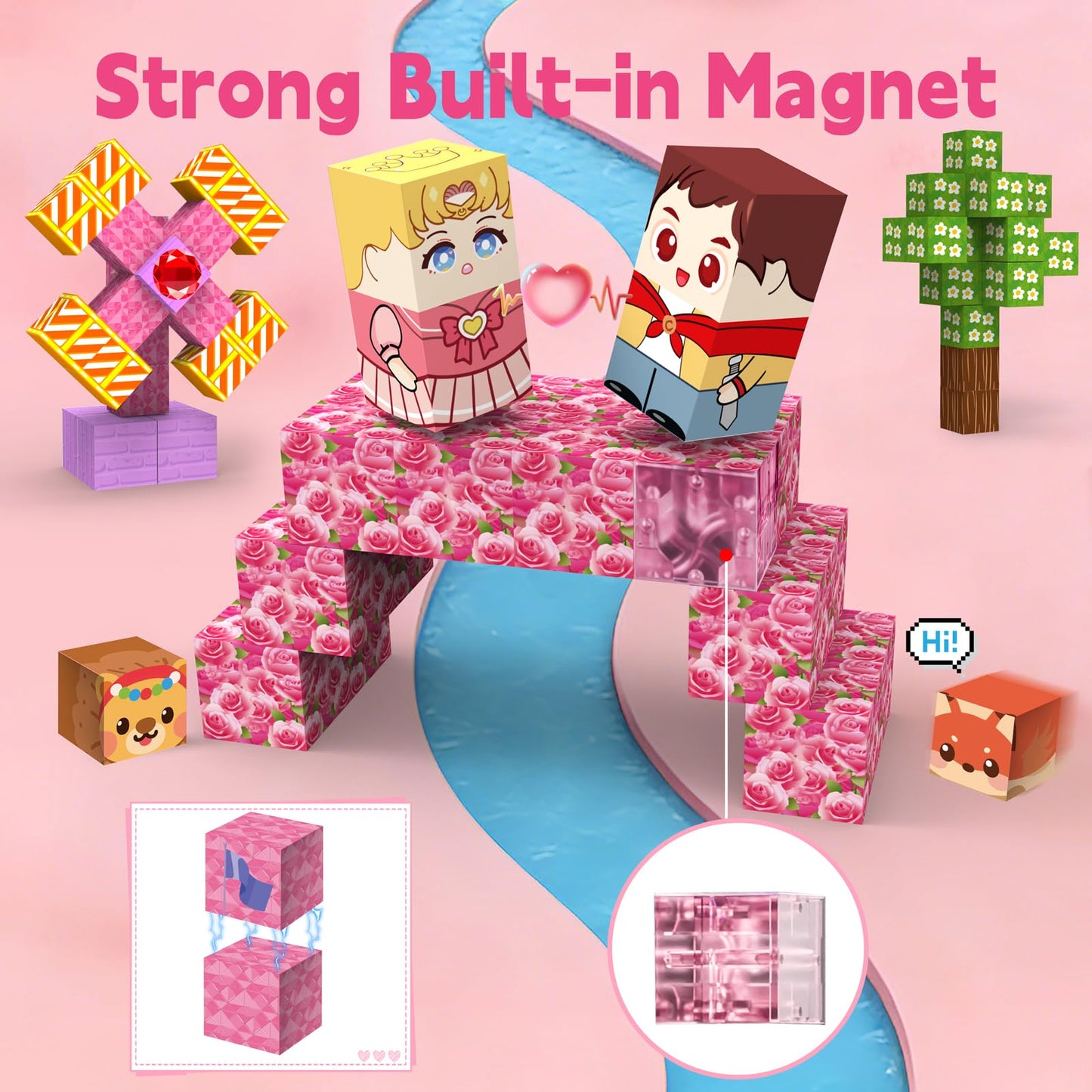 Gryxpox 200 PCS 0.8in Magnetic Blocks, Magnetic Building Cubes, Build Pink Castle World Set,Stacking Magnets, STEM Sensory Toys for Ages 3+ Toddlers Kids Girl Boys Easter Birthday Gifts