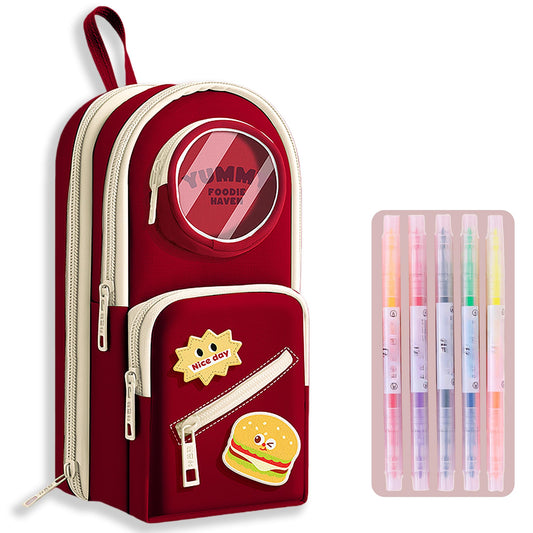 UINSUE Mini Backpack Pencil Case Art Marker Storage Canvas Makeup Pocket Small Gadget Bag Organizer Random Free of Highlighters (RED -BURGER)