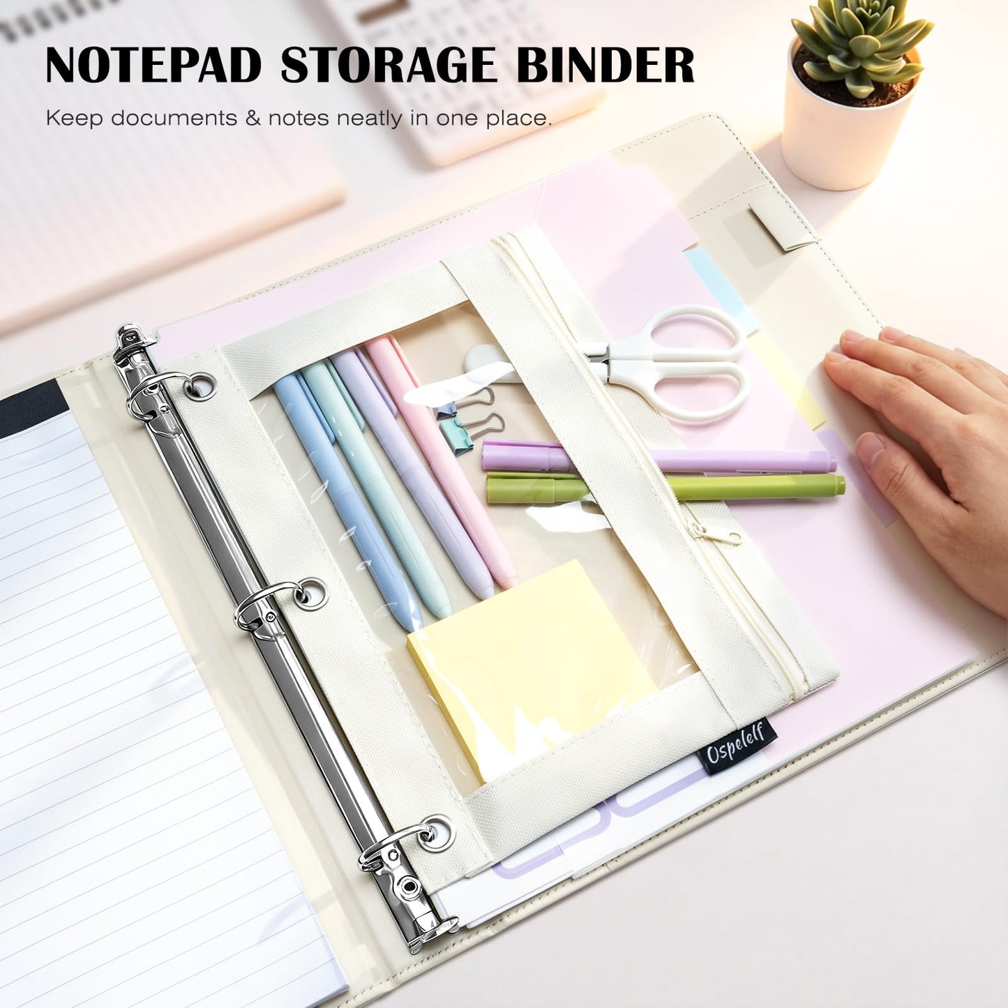 Ospelelf Leather 3 Ring Binder for Letter Size Documents with Pocketed Dividers, 1 Inch Round Rings, Holds 175 Sheets, Binders with Storage Bag & Notepad, for Office School Home Organization, White