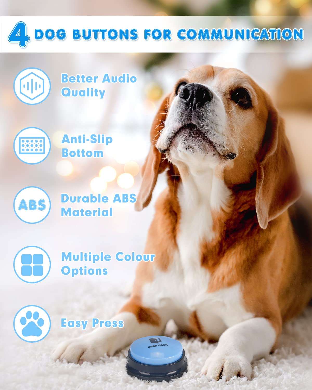 Acools Dog Buttons for Communication, 4 Dog Talking Button Set, Speaking Buttons for Cats and Dogs, 30s Voice Recordable Pet Training Buzzer with Waterproof Dog Activity Mat and 48 Scene Stickers