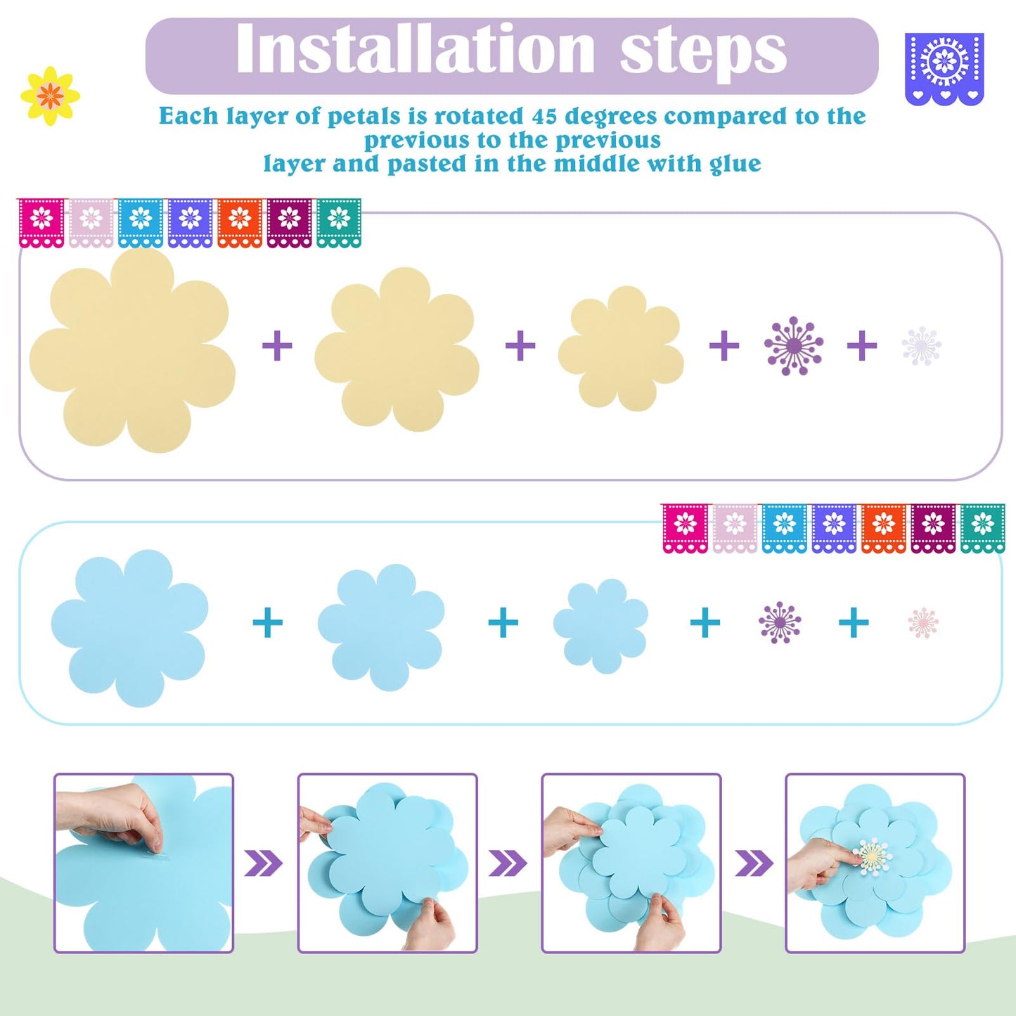 Mooliwe Paper Flowers Decorations for Wall DIY 3D Paper Bulletin Board Mexican Flowers Backdrop Decoration for Classroom Back to School Holiday Party(Fresh,10 Set)