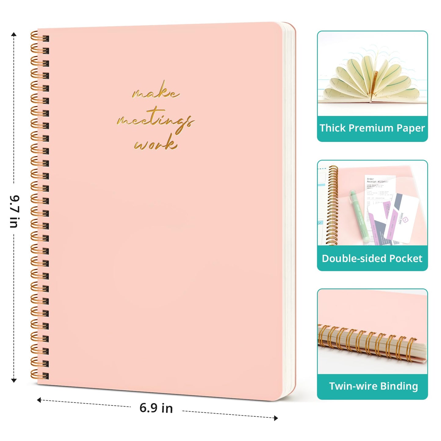 6 Pack of Meeting Notebook for Work Organization - Work notebook with action items, Meeting Minutes Planner Notebook, Perfect Office Supplies for Men & Women - Pink