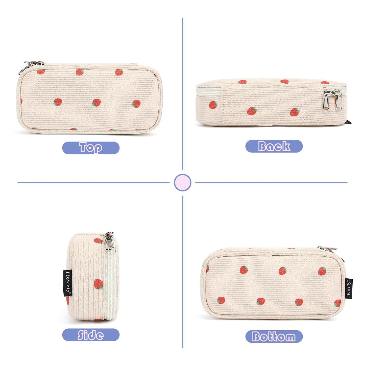 FlowFly Large Capacity Pencil Case for Kids, Boys & Girls – Zippered Multi-Functional Pen Pouch, Soft & Portable Pencil Bag for School, Teens, Students, Corduroy Strawberries Beige