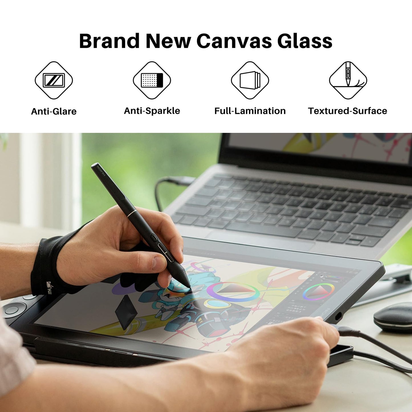 HUION Kamvas 13 (Gen 3) Drawing Tablet with Screen,13.3" Full-Laminated Art Tablet with Anti-Sparkle Canvas Glass 2.0, 99% sRGB, PenTech 4.0, 16384 Pen Pressure, Dual Dial for PC, Mac, Android, Black