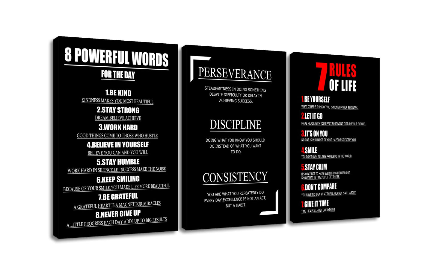 YSPCSUN Triptych Wall Decor Inspirational Posters for Office, Black White Perseverance Discipline Consistency 3 Panel Canvas Prints for Home Office Dorm, 48x24 Inch Display