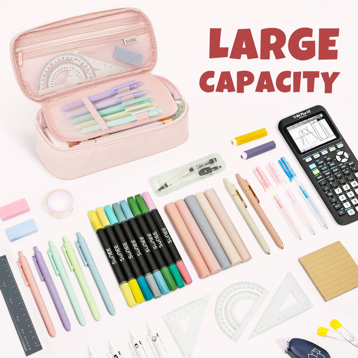 SUNEE Cute Pencil Case, Large Capacity Pencil Pouch, Big Storage Organizer for Stationery, Zipper Pen Bag,Back to School Supplies,Office Water-Repellent Nylon Pencil Bag for Teen Girls Boys,Light Pink