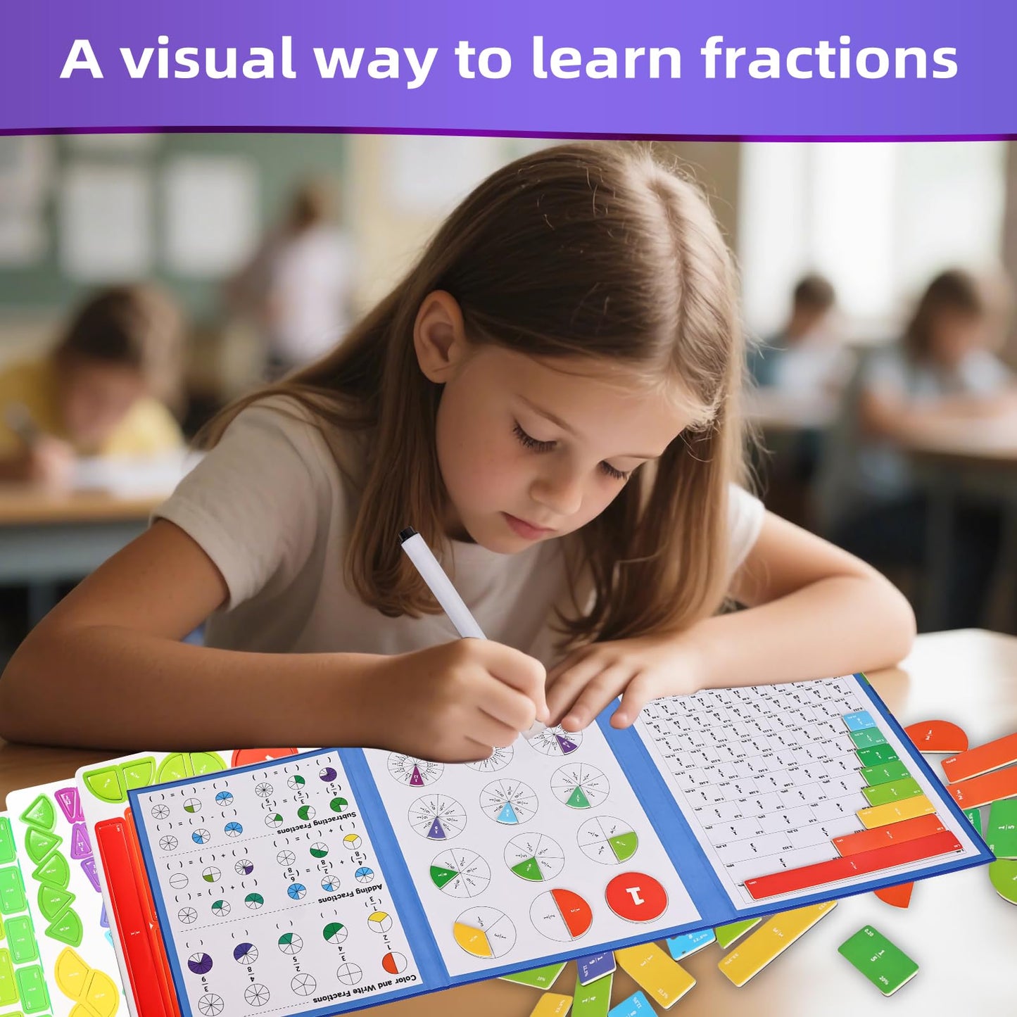 Magnetic Fraction Demonstration Book,Magnetic Fraction Tiles & Fraction Circles,Montessori Fraction Manipulatives Learning Games for Kids,Fraction Manipulatives for Elementary School (Fox)
