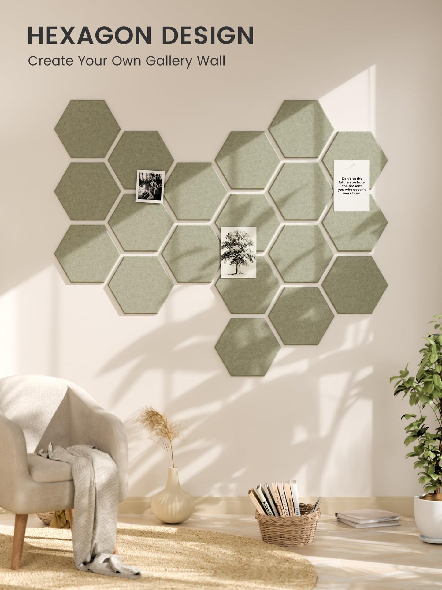 Fluxynara Hexagon Cork Board Alternative for Walls Decor-8-Pack Felt Bulletin Board Tiles,with 30 Pushpins,50 Adhesive Tabs for Office,Classrooms & Home Pin Board Felt Board-Sage