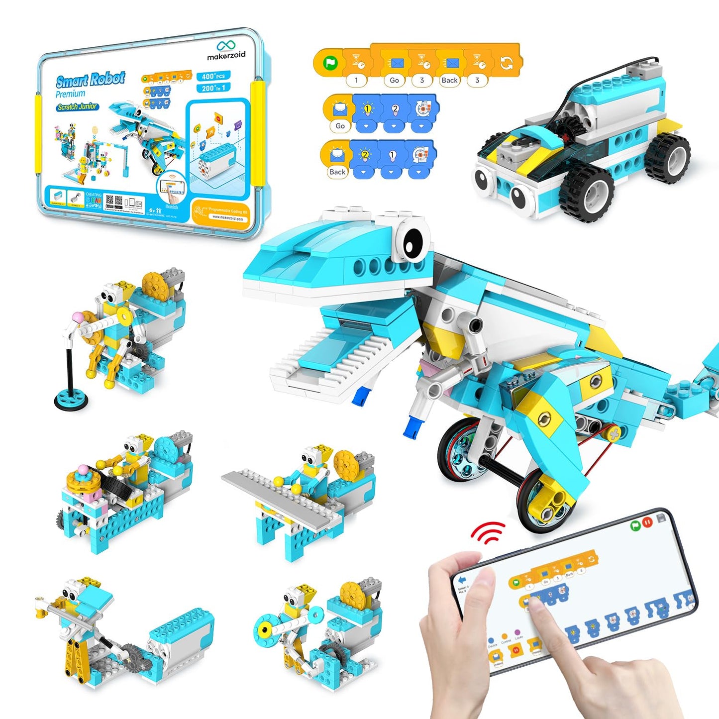 Makerzoid Coding Robot Kit for Kids, 200-in-1 RC Robot Building Toys with Motor Sensor,Scratch JR Coding Set with 36 Video Courses, Birthday for Kids 6+ (400+ Blocks)